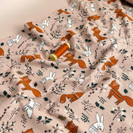 REMNANT 2.6 Metres - Foxes and Rabbits on Pink Cotton Jersey Fabric