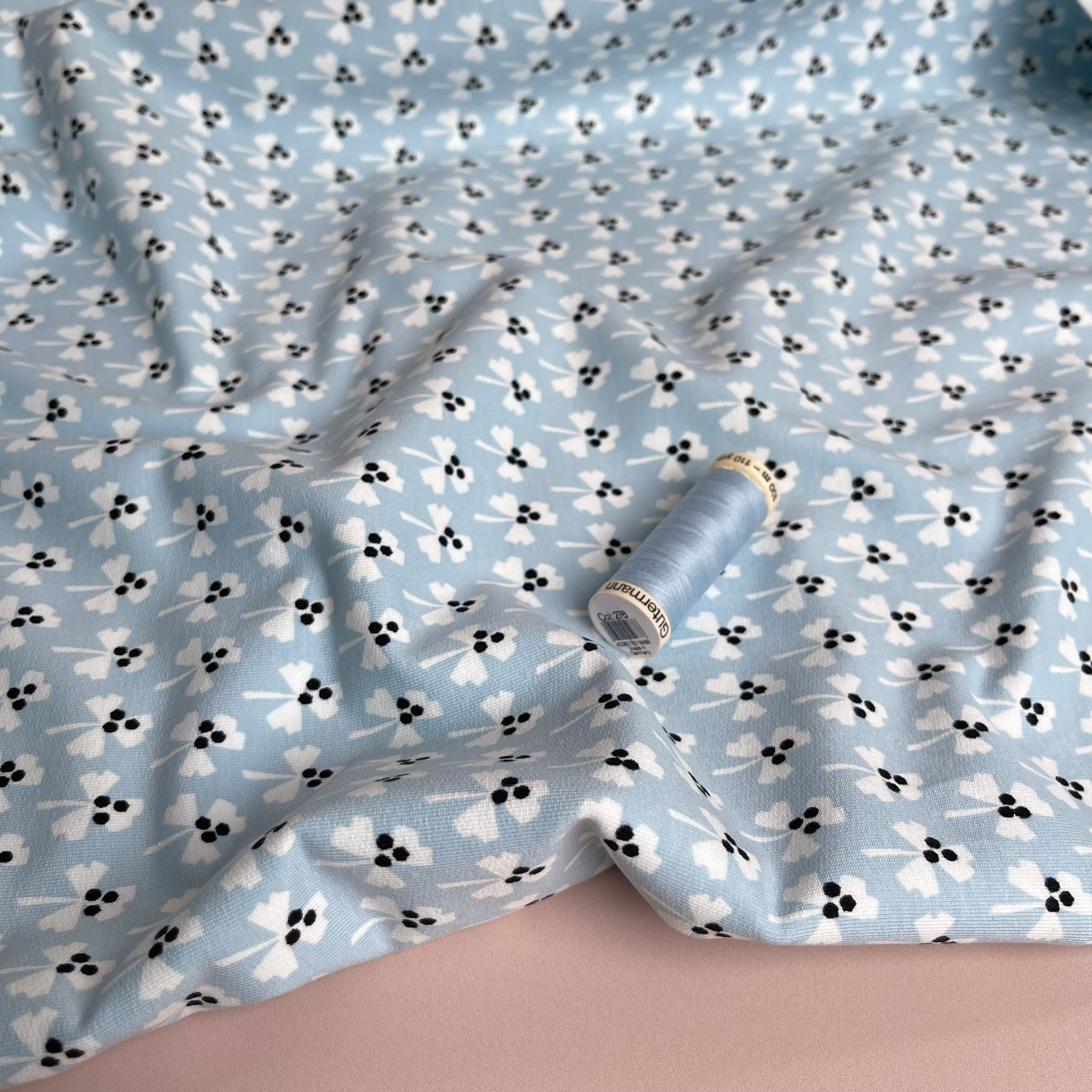 Monochrome Clovers on Pale Blue Cotton French Terry