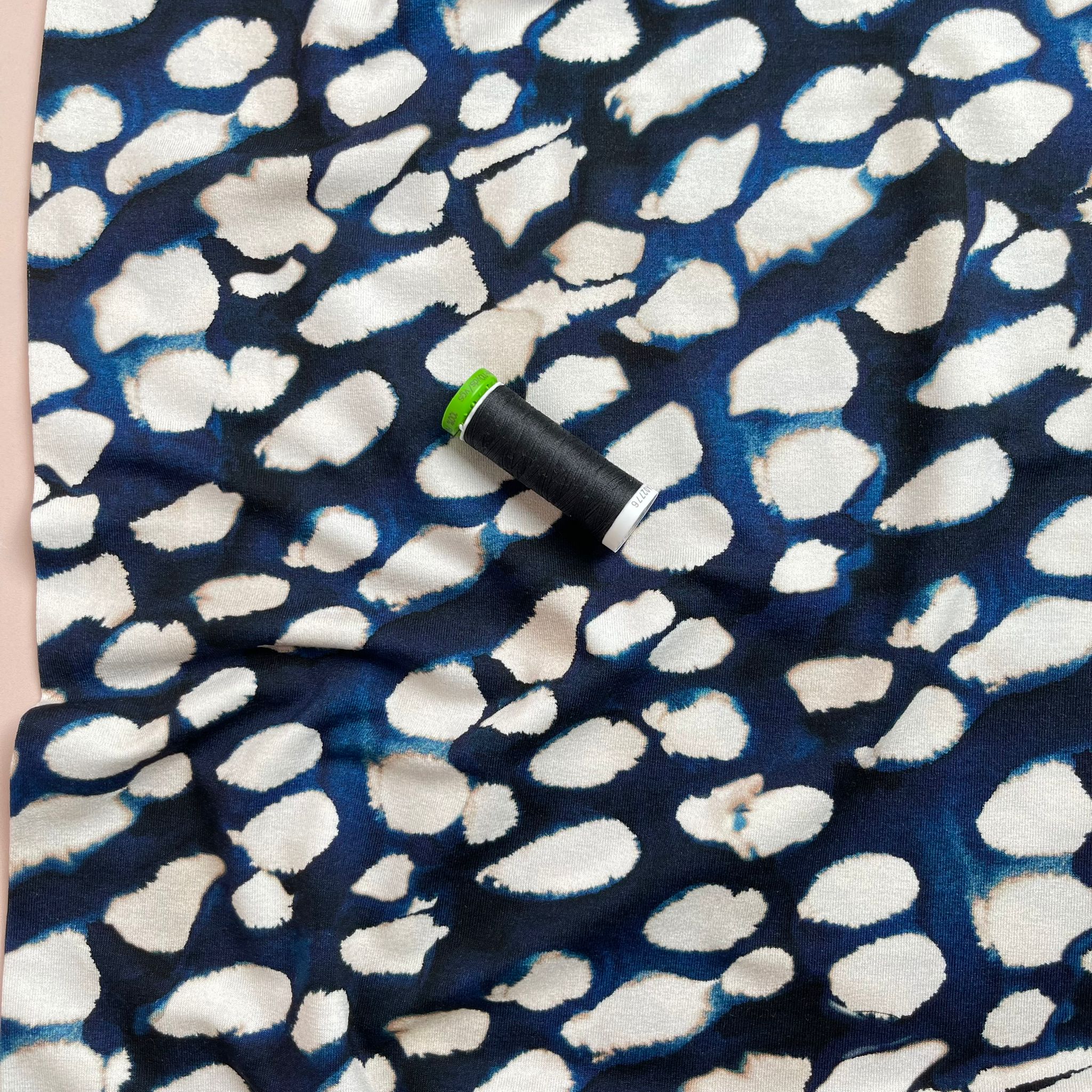 REMNANT 0.56 Metres - Ex-Designer Deadstock Fuzzy Raindrops on Navy Blue Viscose Jersey Fabric