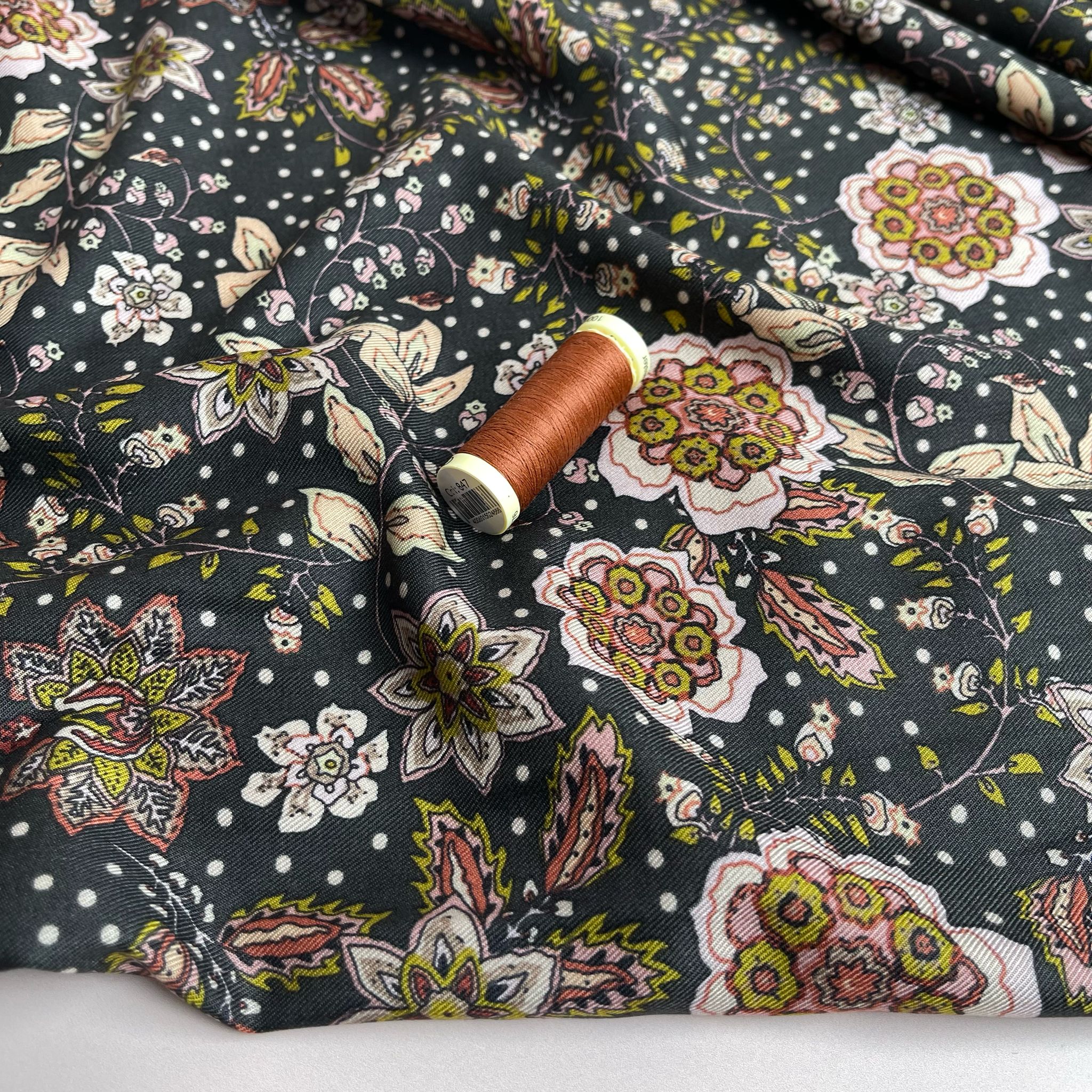 Autumn Paisley Flowers on Black Viscose Twill Fabric