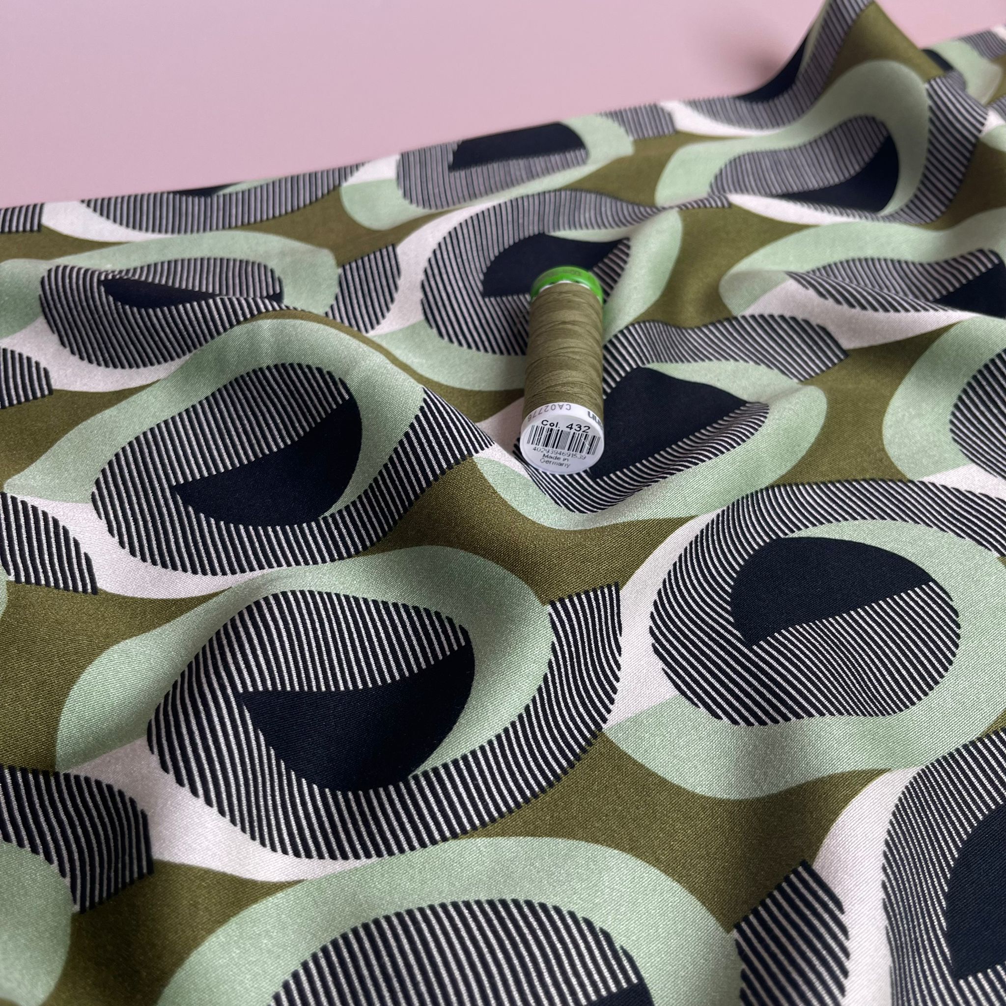 REMNANT 1.3 Metres - Abstract Circles on Olive Viscose Twill Sateen Fabric