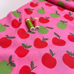 Funky Apples on Pink Cotton Poplin Fabric