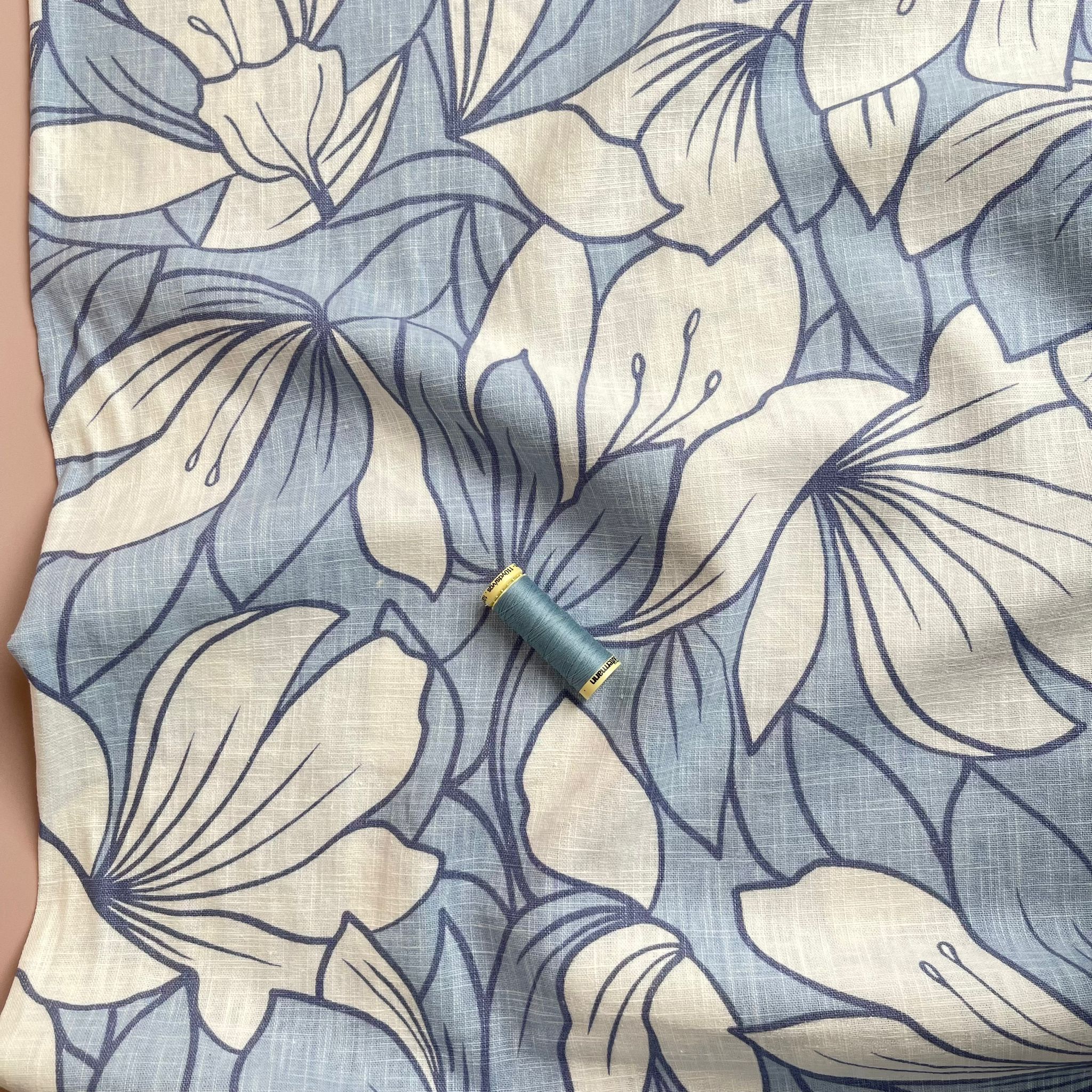 REMNANT 1.24 Metres - Blue Leaves on Soft Washed Linen Cotton Fabric
