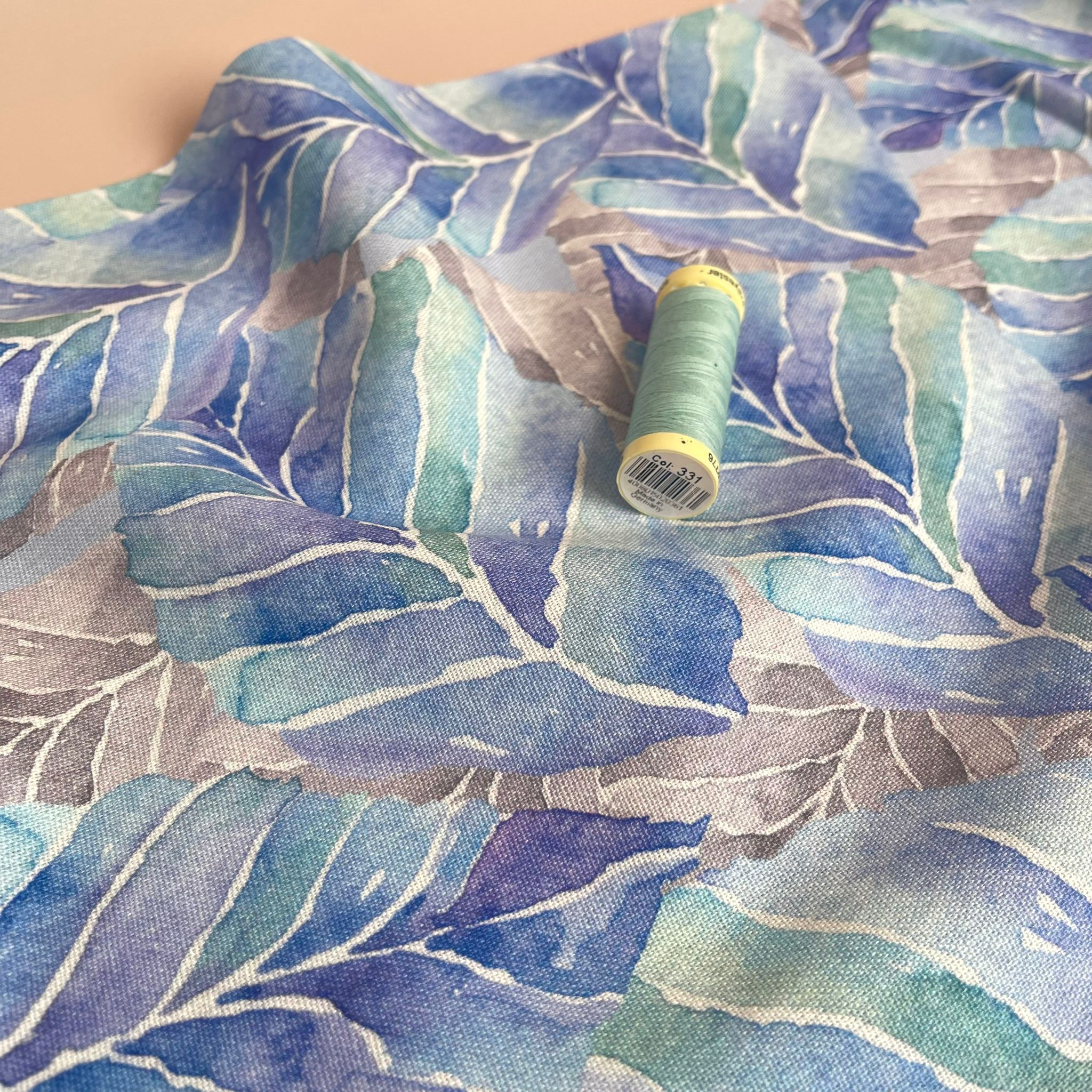 Aqua Leaves Viscose Linen Fabric