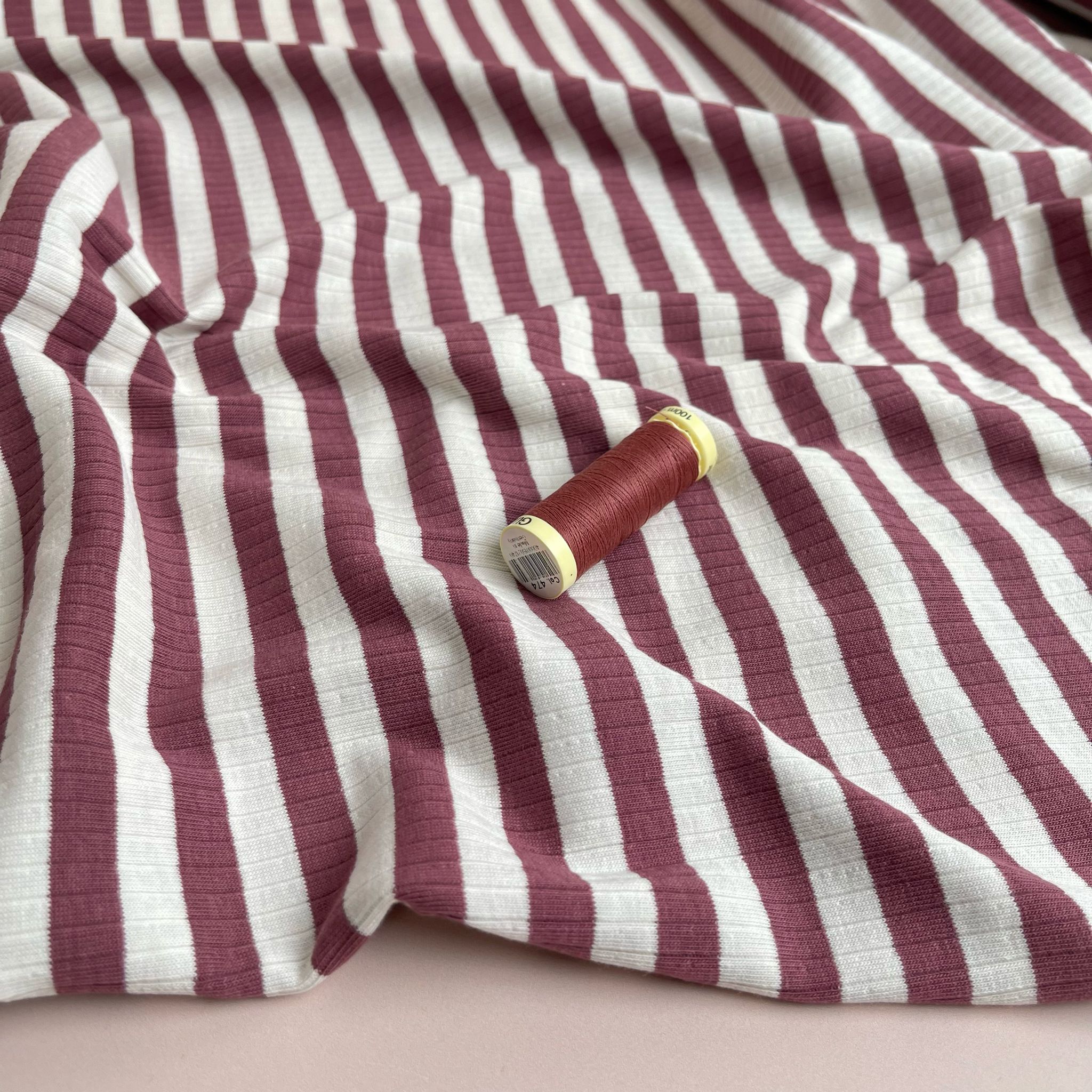 Yarn Dyed Striped Cotton Ribbed Jersey in Dark Mauve and White