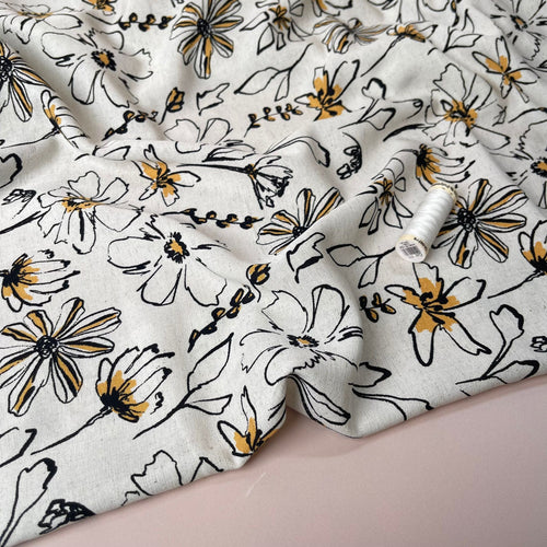 Sketched Flowers Yellow Viscose Linen Fabric