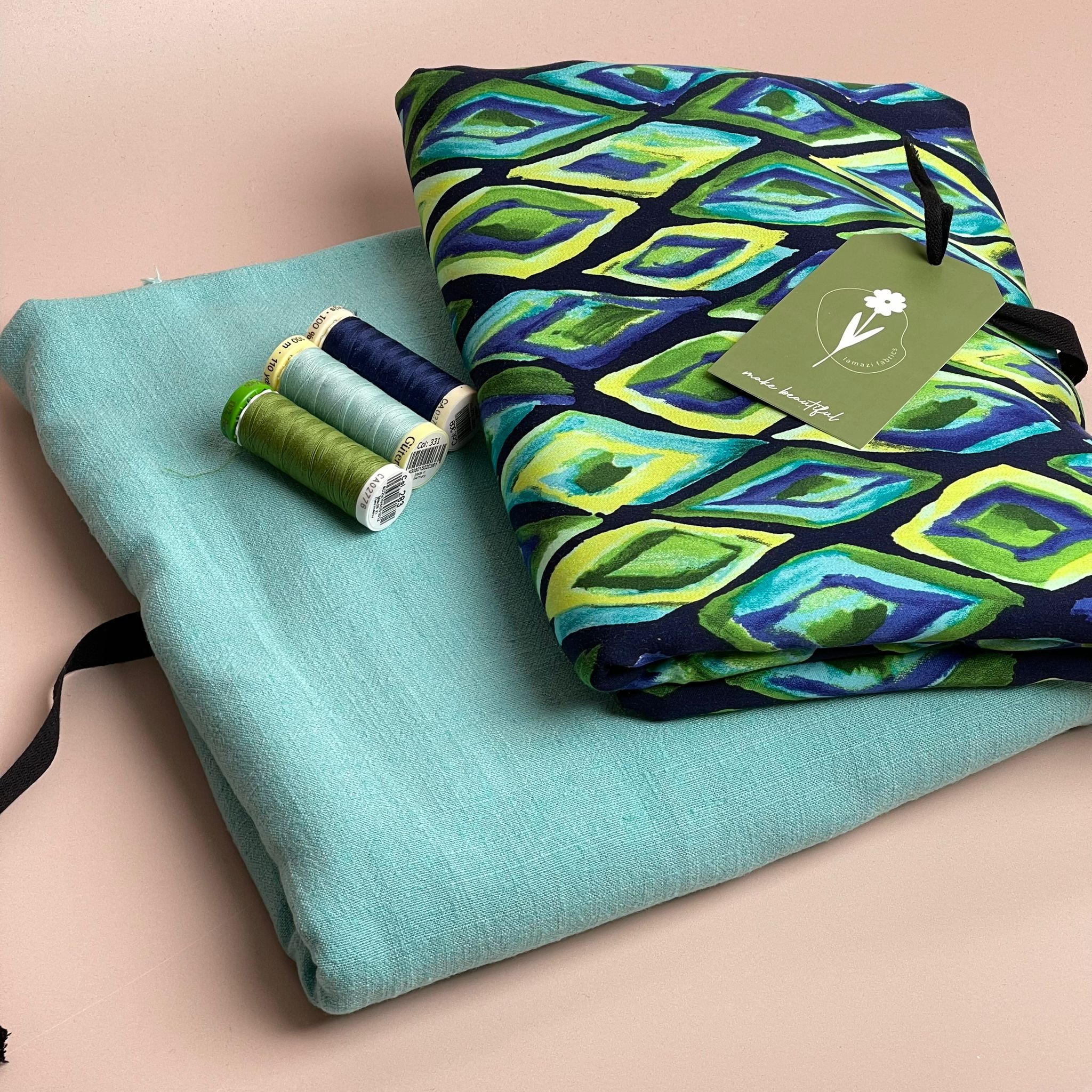 Make an Outfit Colour Bundle - Ocean Diamond Viscose Sateen with Turquoise Flow Linen