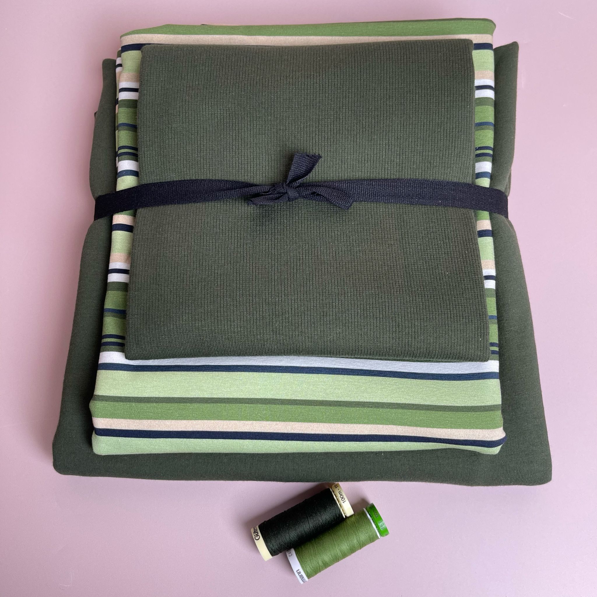 Make an Outfit Colour Bundle - Meadow Green Stripes Cotton Jersey with French Terry & Ribbing