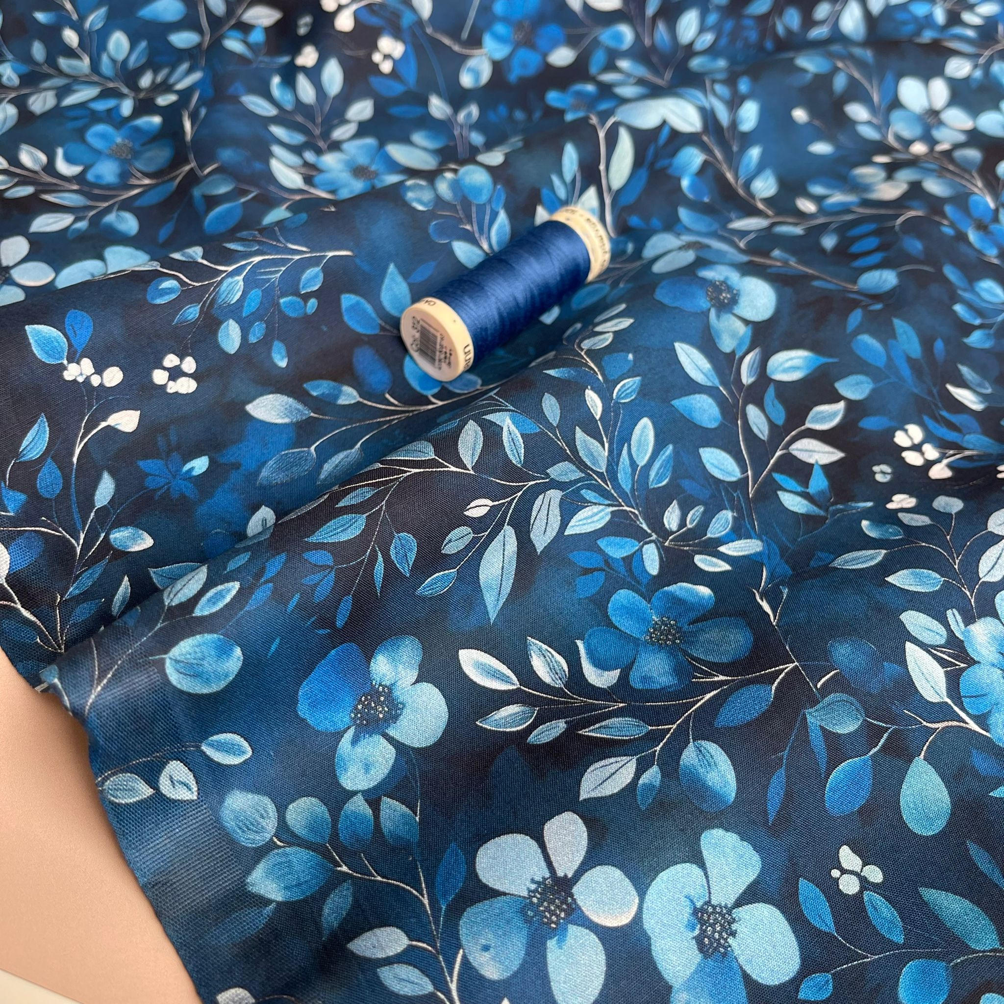 Delicate Cobalt Blooms Cotton Poplin Fabric