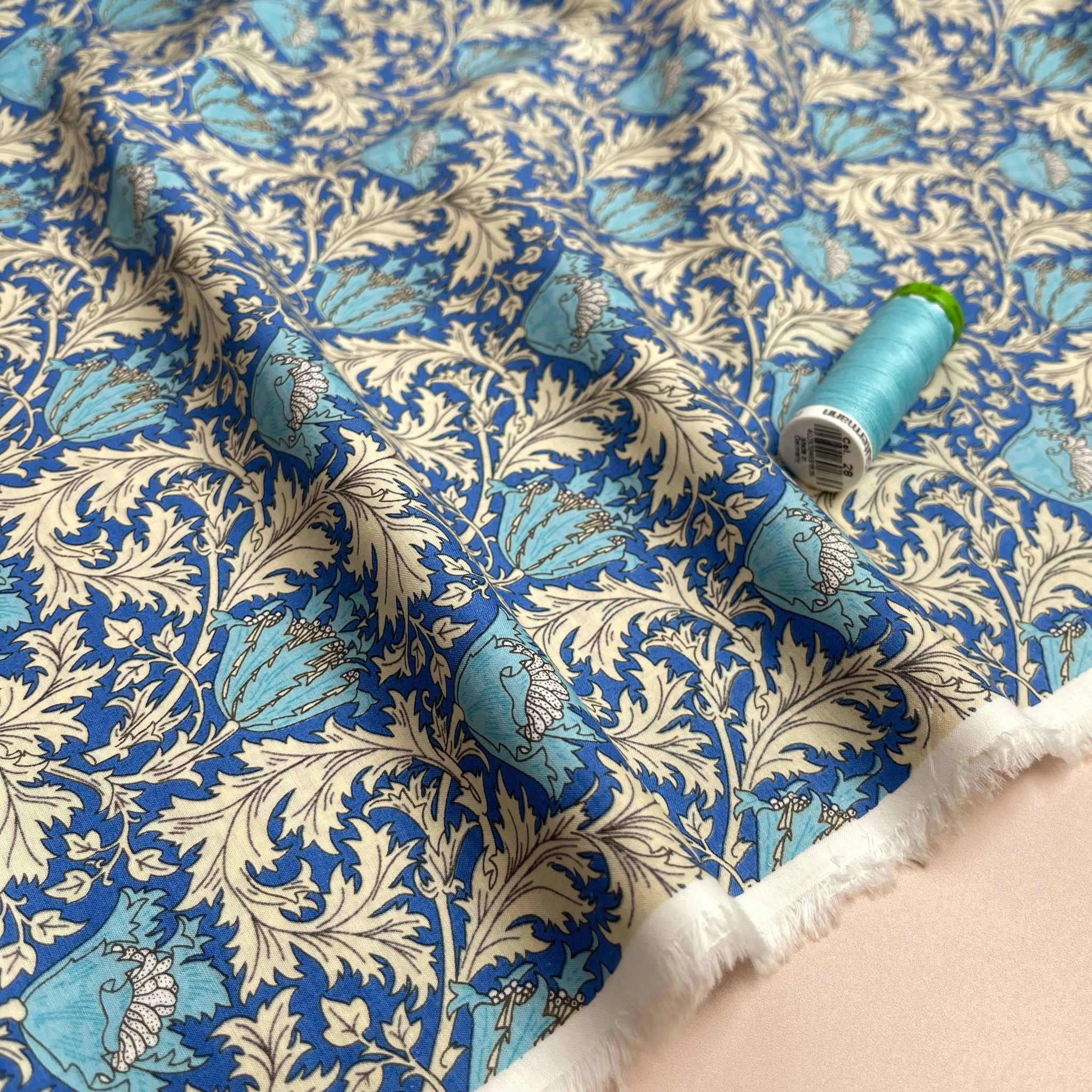 Morris Leaves on Blue Cotton Lawn Fabric