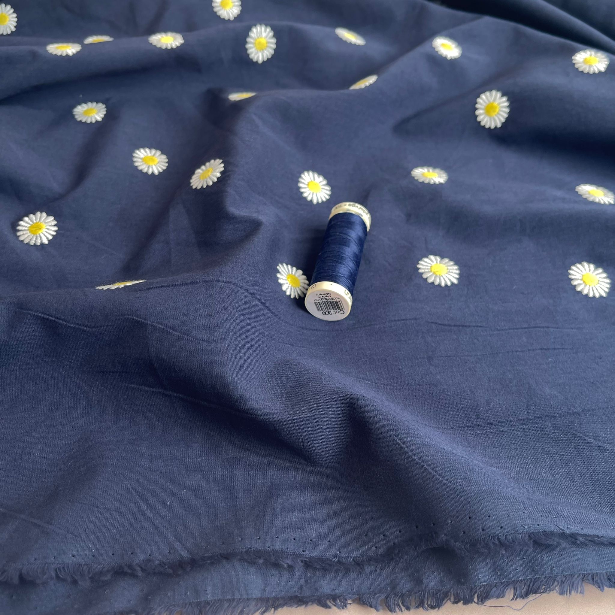 Embroidered Daisies on Navy Cotton Poplin