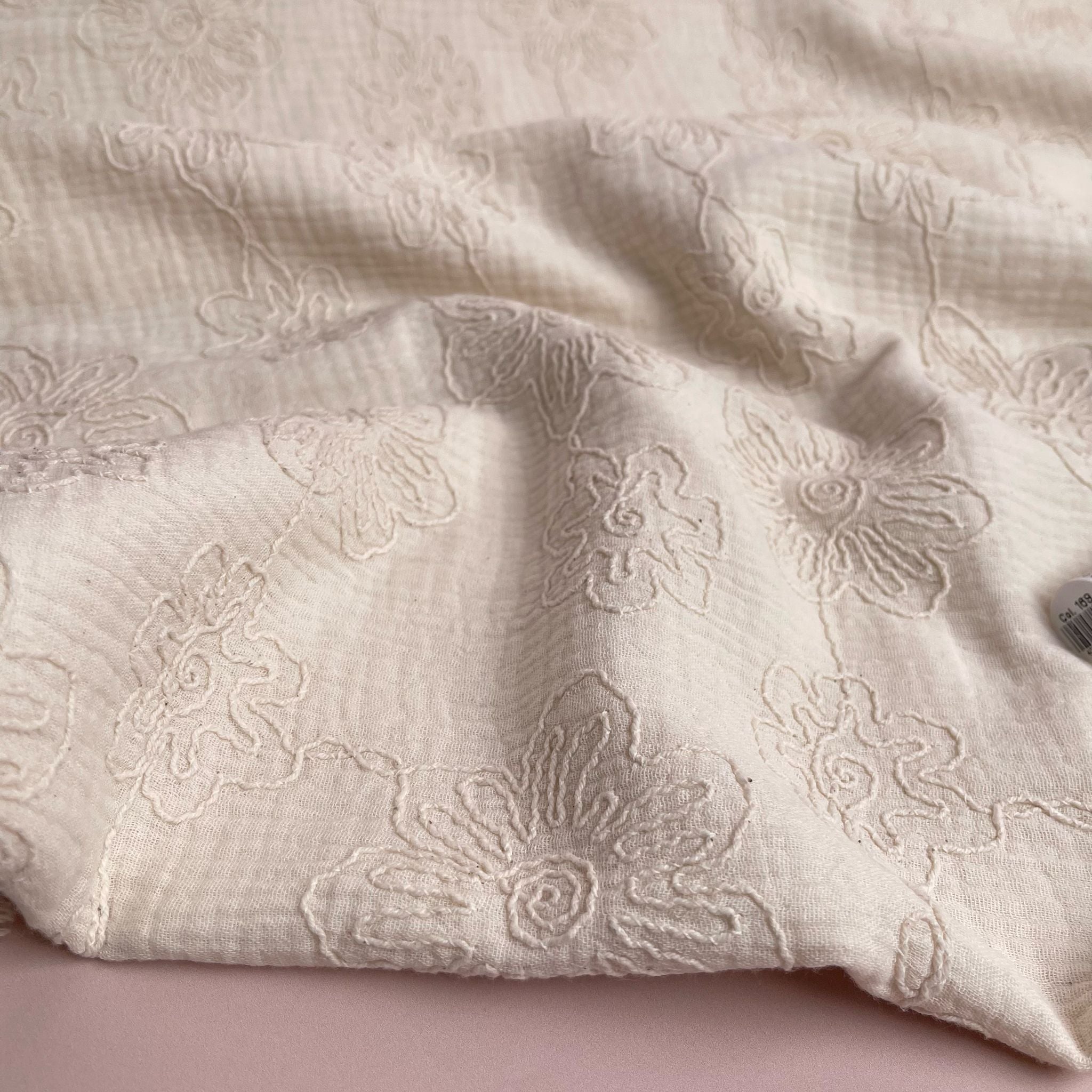 Embroidered Blooms on Neutral Beige Cotton Double Gauze