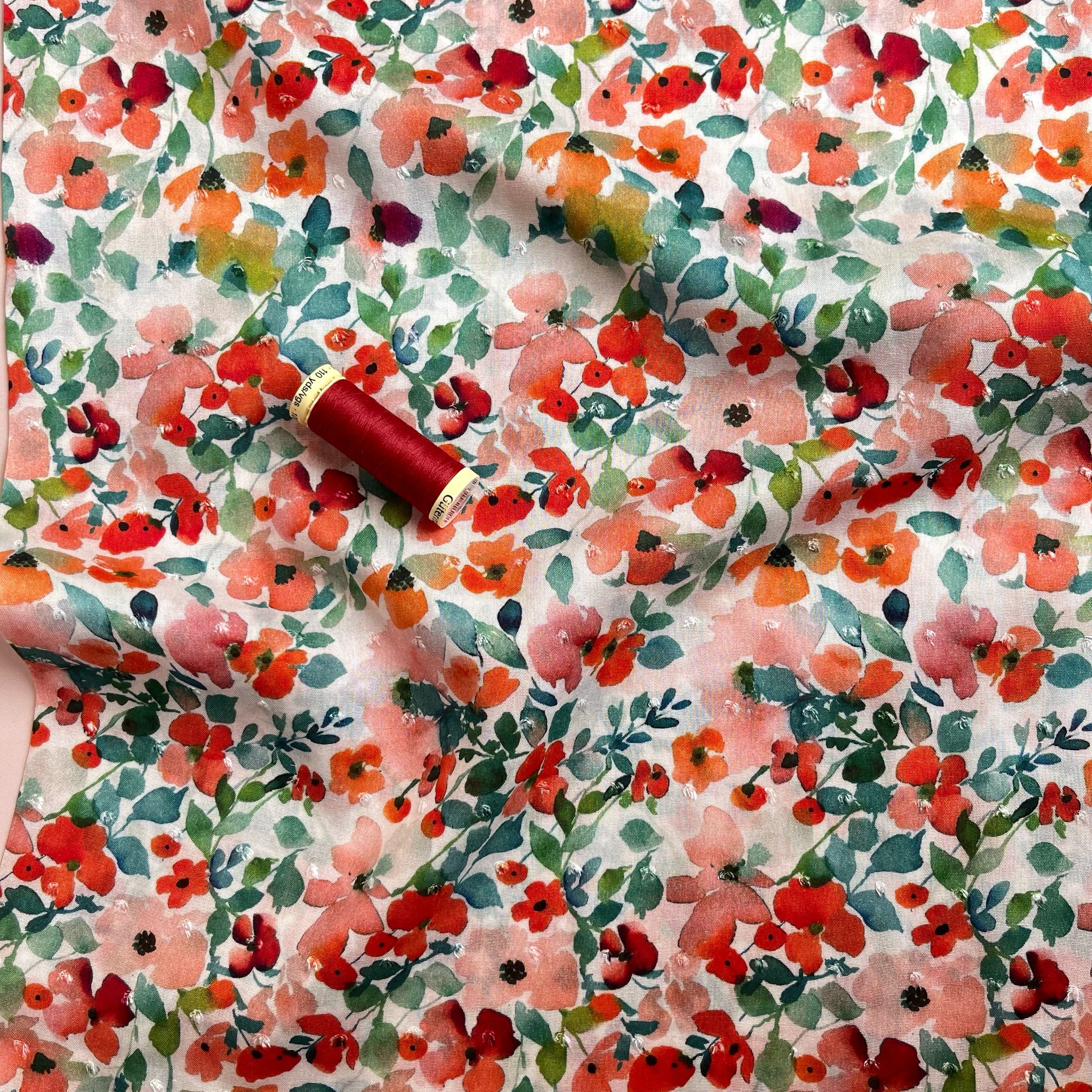 Poppy Field Blossoms on White Dobby Viscose Fabric