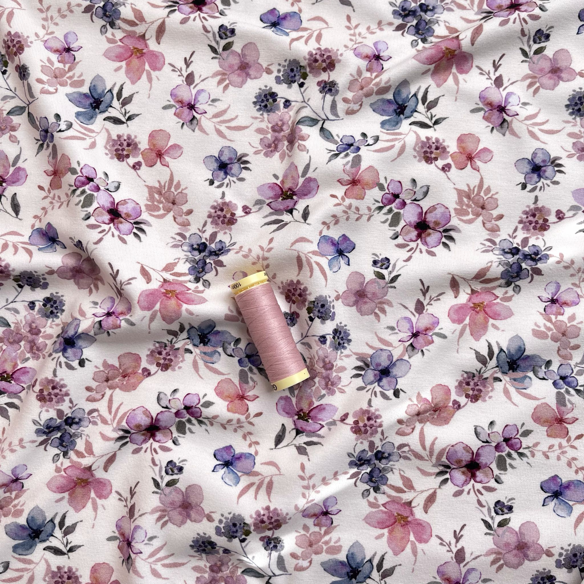 Lilac Watercolour Flowers on White GOTS Organic Cotton Jersey