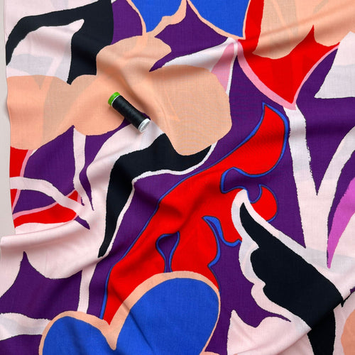 Bold Abstract Blooms on Purple Viscose Fabric