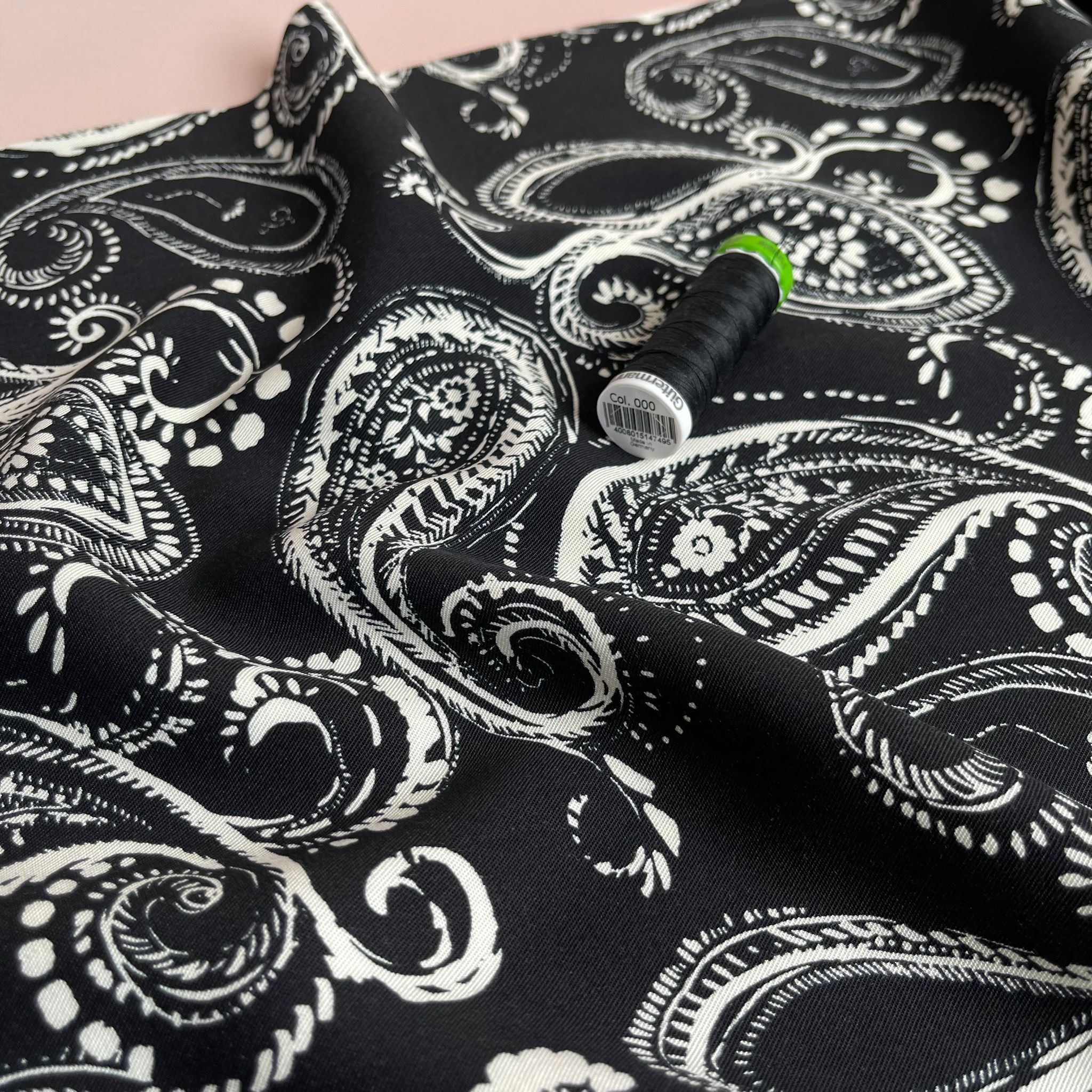 Off-Whtie Paisley on Black Viscose Twill Fabric