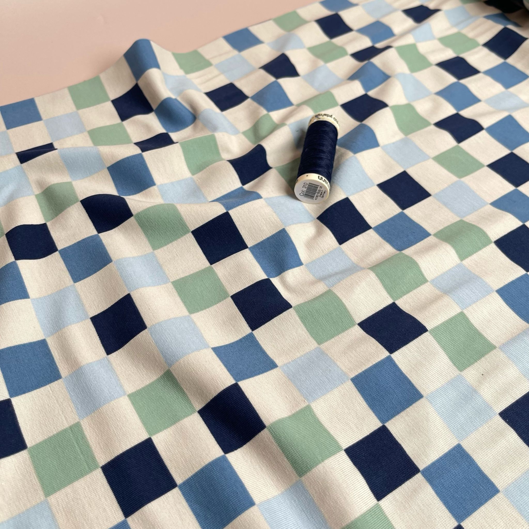 Checkers in Blue and Mint Cotton Jersey Fabric