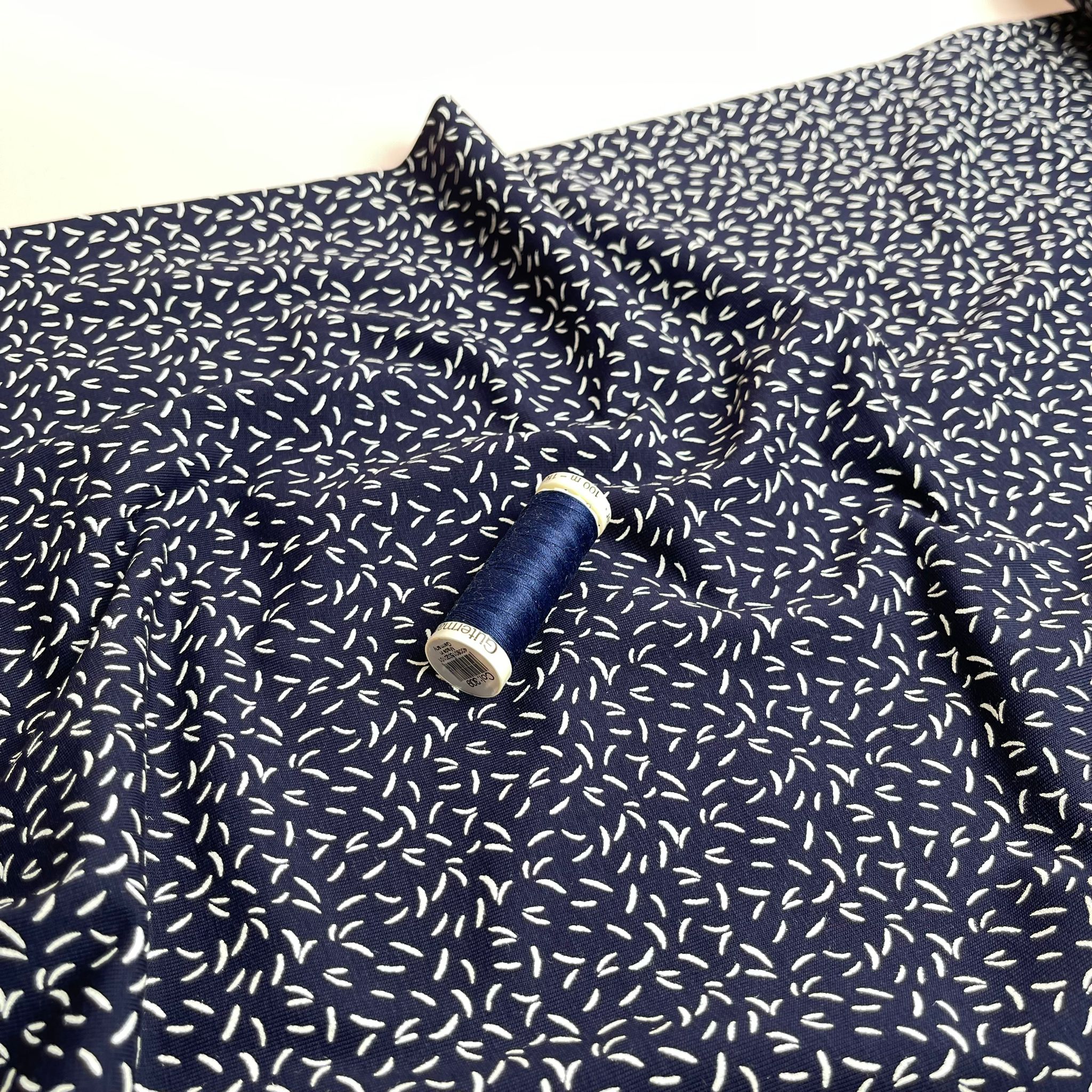 REMNANT 1.93 Metres - Dashes on Navy Cotton Jersey Fabric