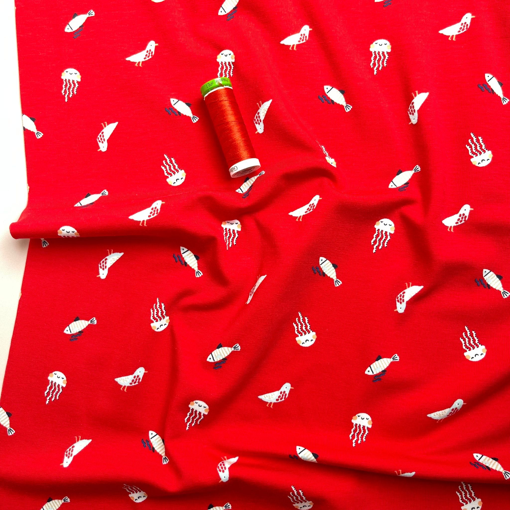 Under The Sea Red Cotton Jersey Fabric