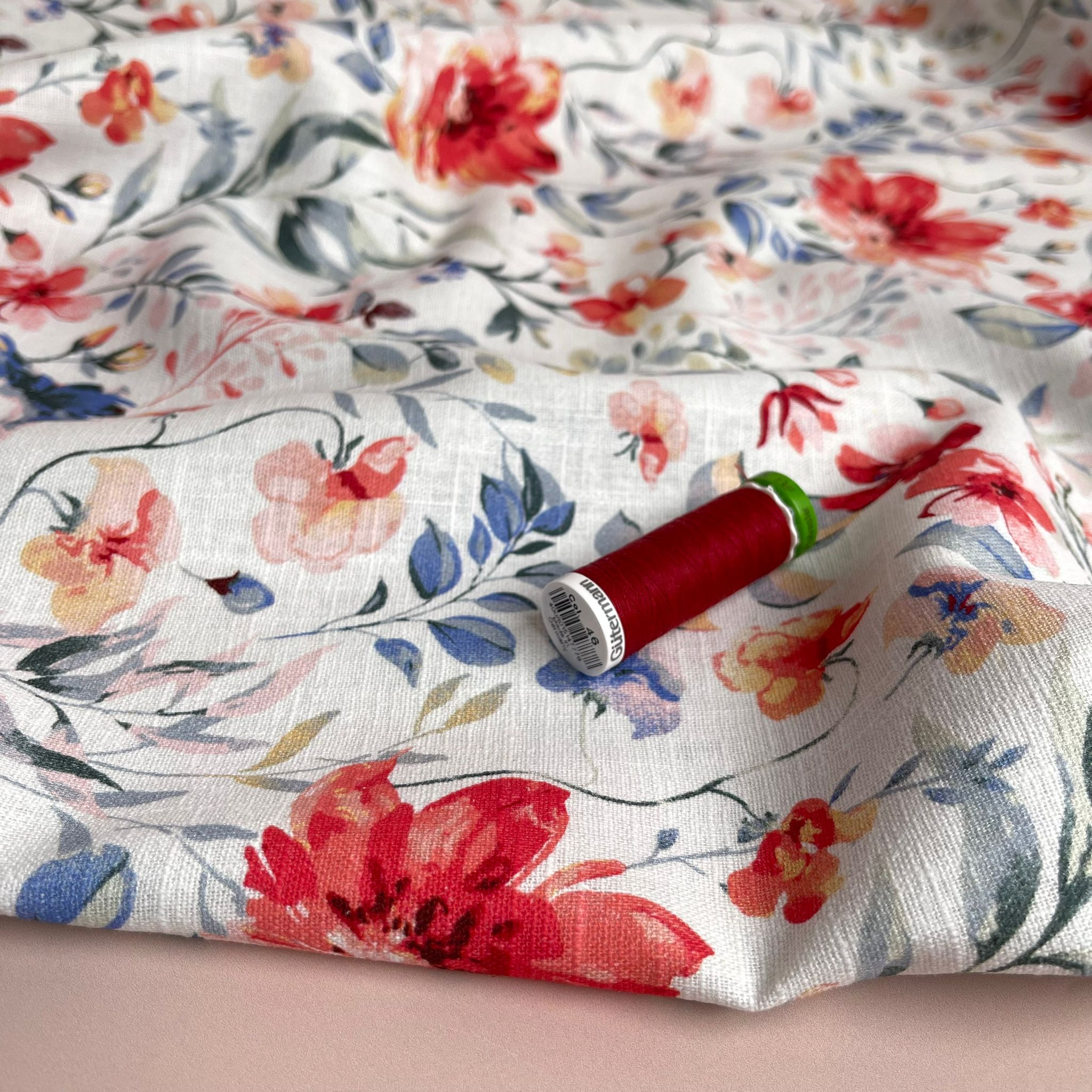 Red Flowers on White Linen Cotton Blend Fabric