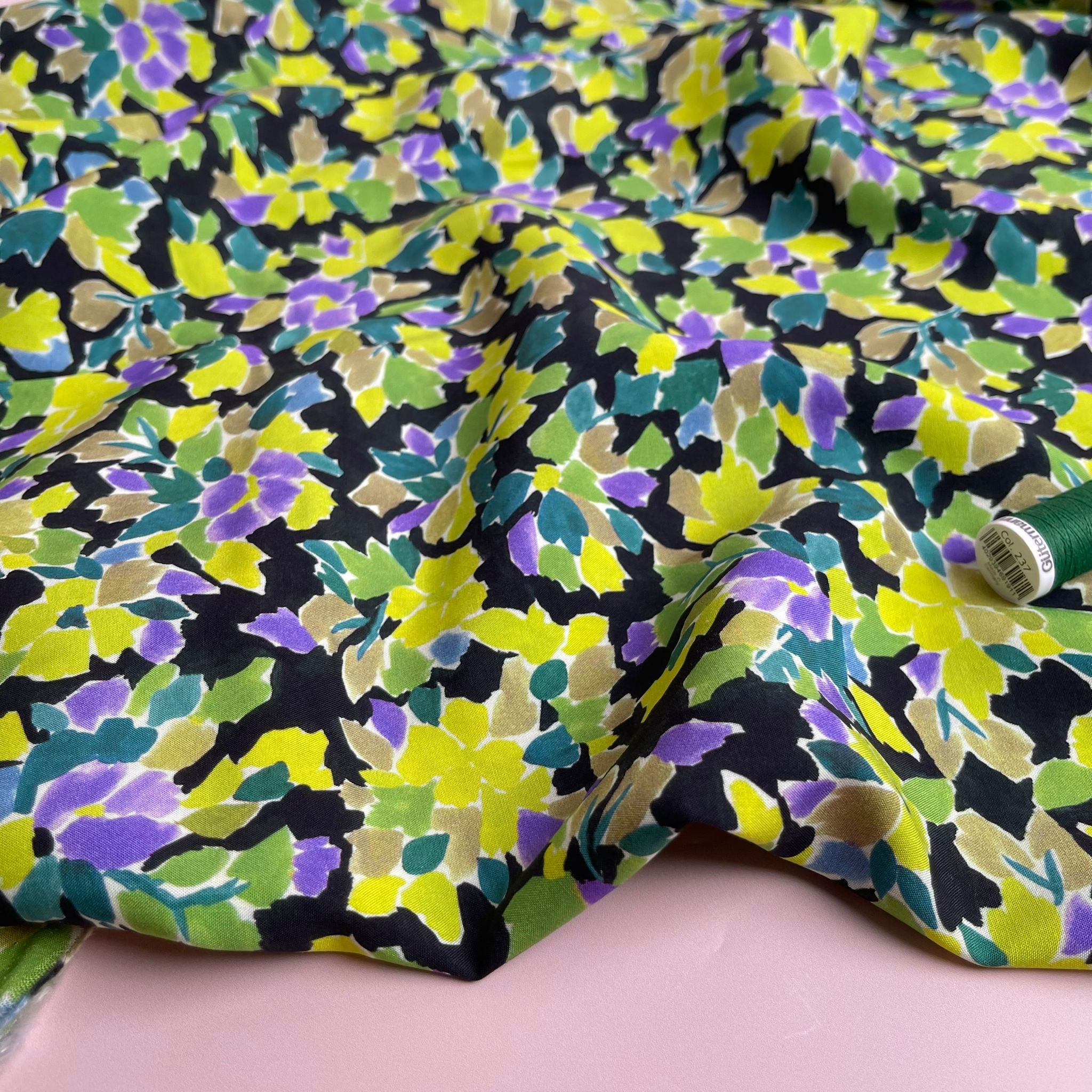 Meadow Flowers in Lime and Purple Viscose Fabric