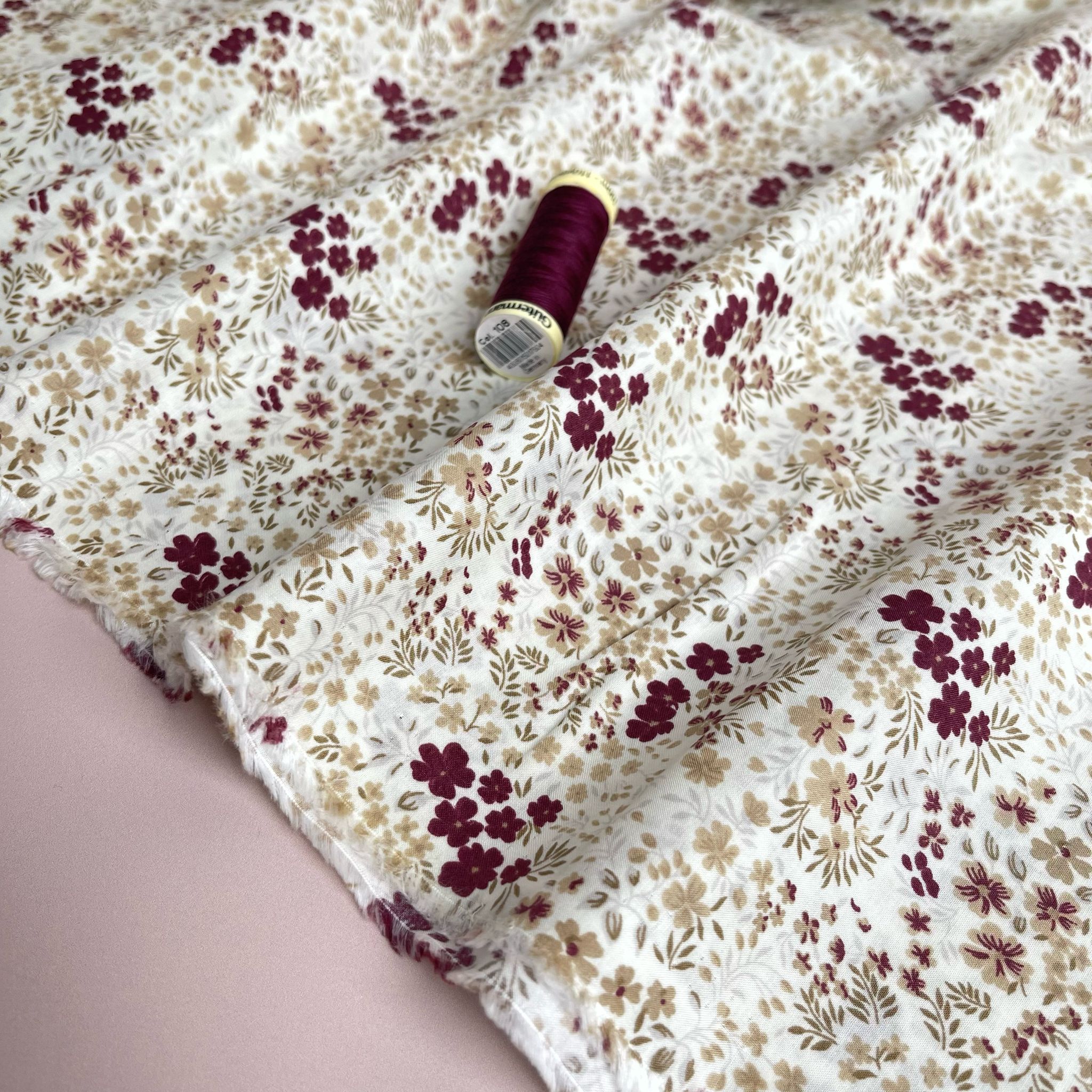 Ex-Designer Deadstock Ditsy Burgundy Flowers Cotton Lawn Fabric