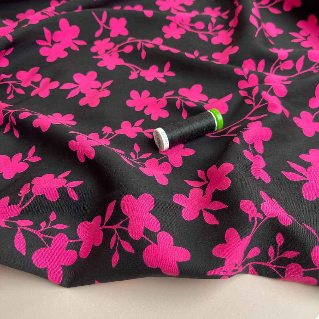 Rosella Shadow Flowers Fuchsia Viscose Twill with Stretch