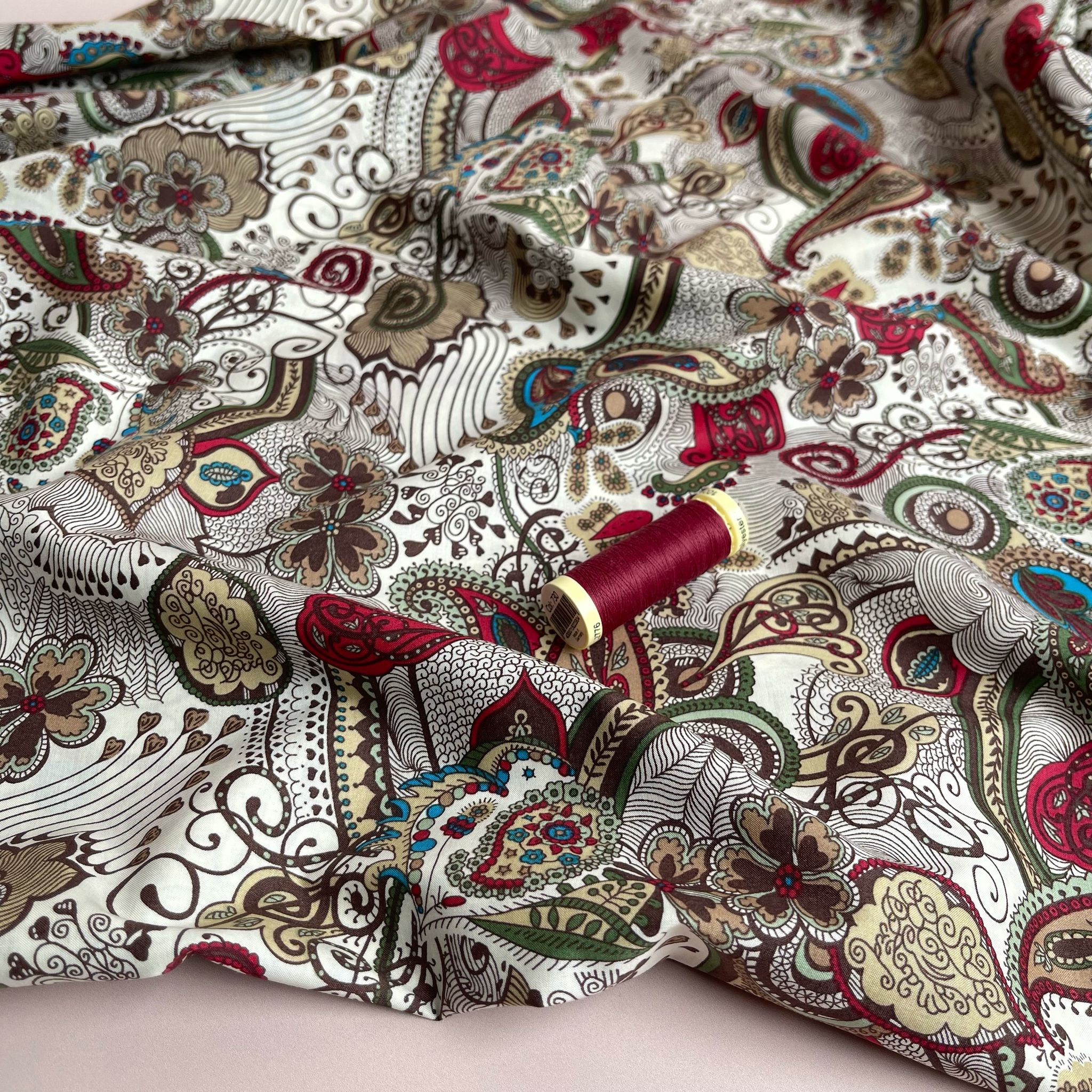 Autumn Paisley on White Cotton Lawn Fabric