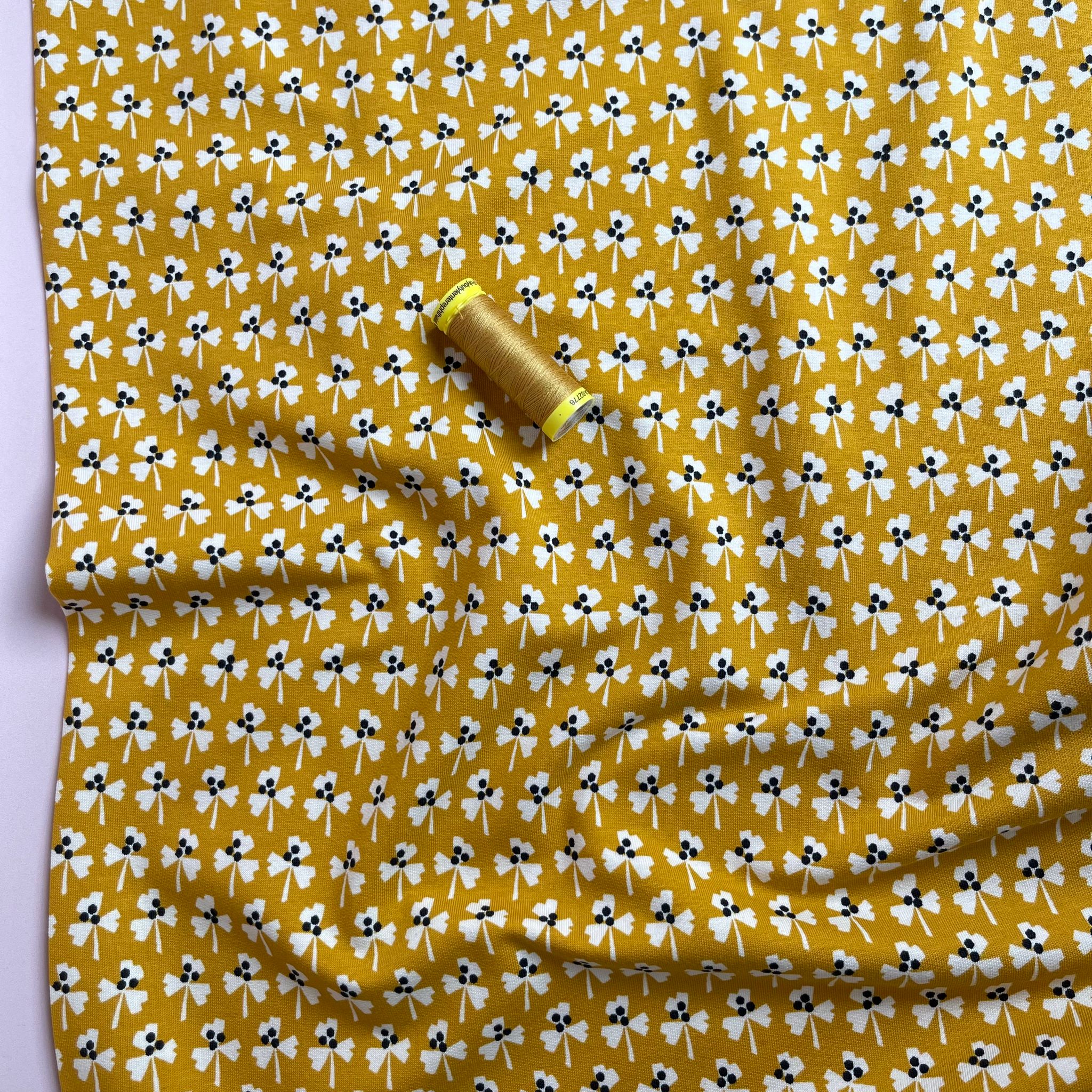 Monochrome Clovers on Yellow Cotton French Terry