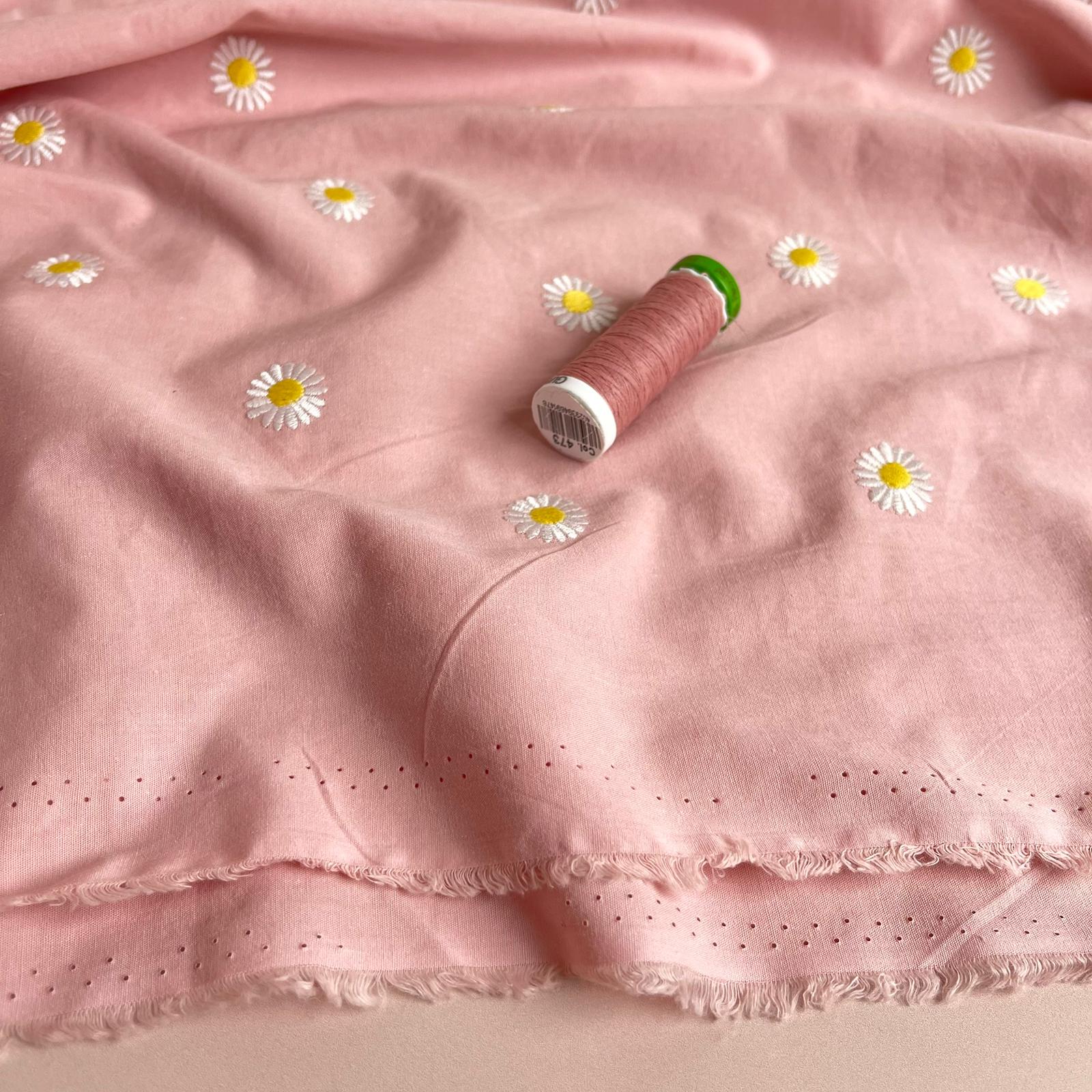 Embroidered Daisies on Pink Cotton Poplin