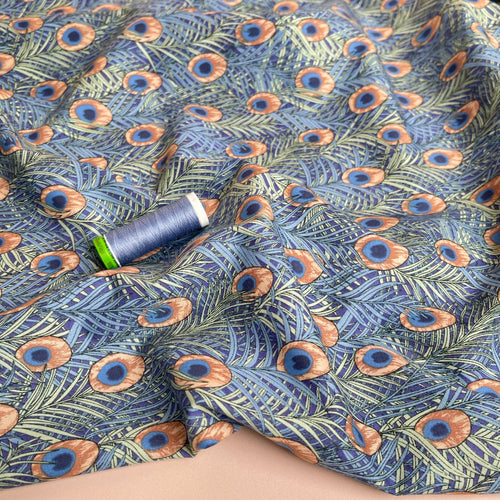 Peacock in Blue and Peach Cotton Lawn Fabric