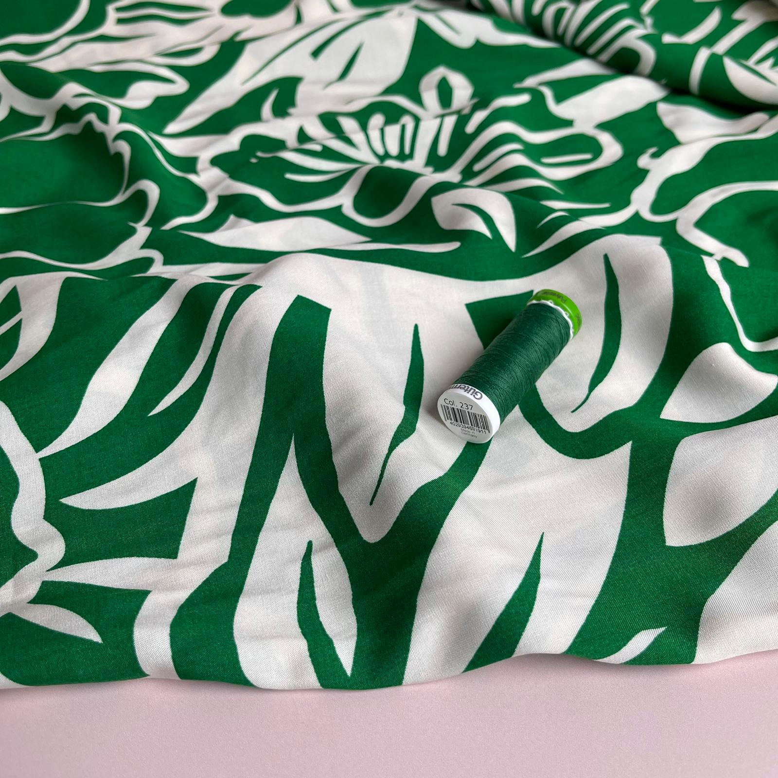 White Blooms on Emerald Green Viscose Fabric