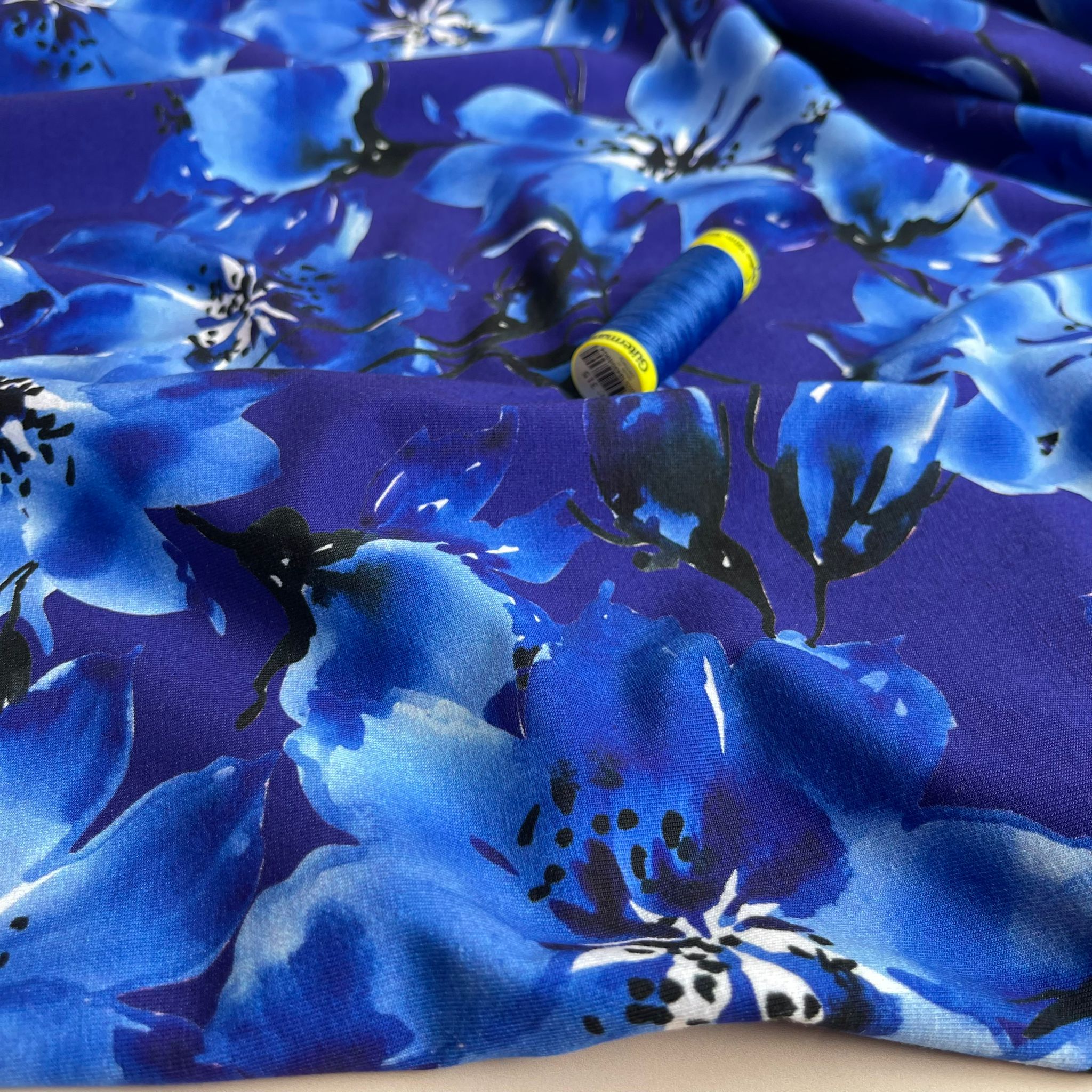 REMNANT 1.64 Metres - Danish Design - Watercolour Cobalt Blooms Cotton Jersey Fabric