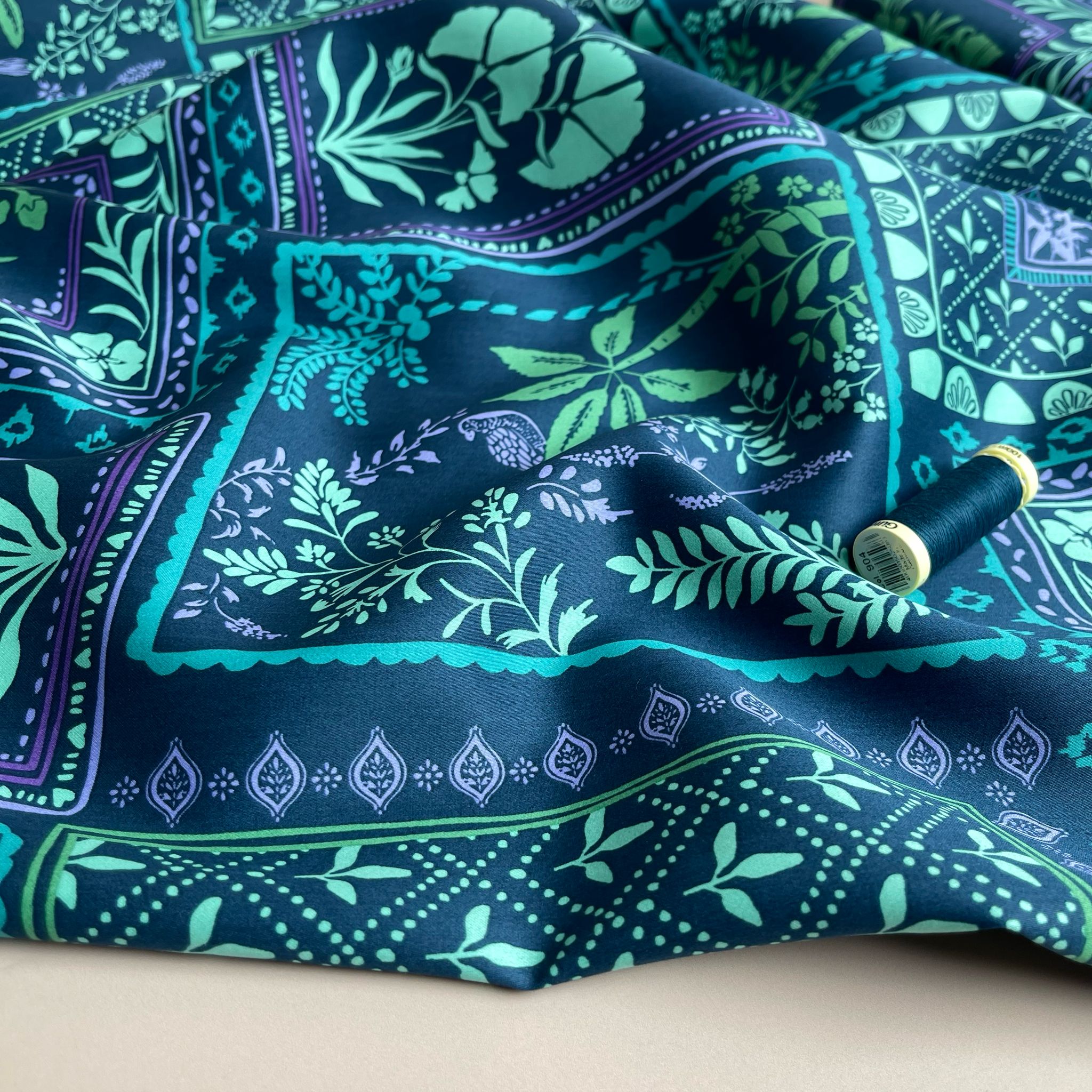 Patchwork Foliage Teal Cotton Sateen Fabric