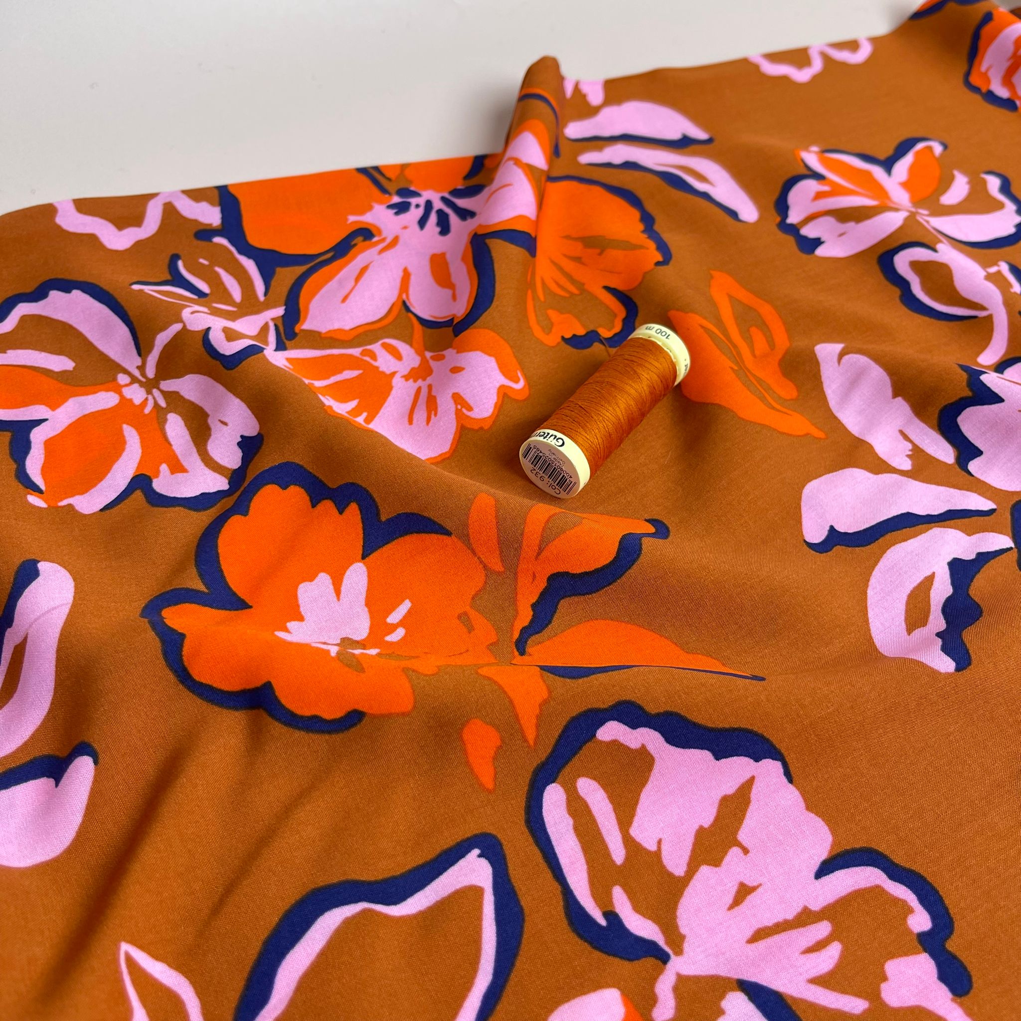 Painted Blooms on Rust LENZING™ ECOVERO™ Viscose Fabric