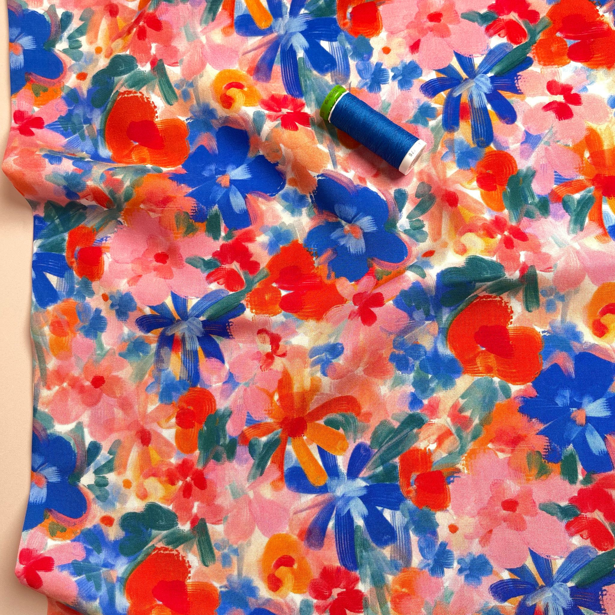 Red and Blue Florals Viscose Fabric