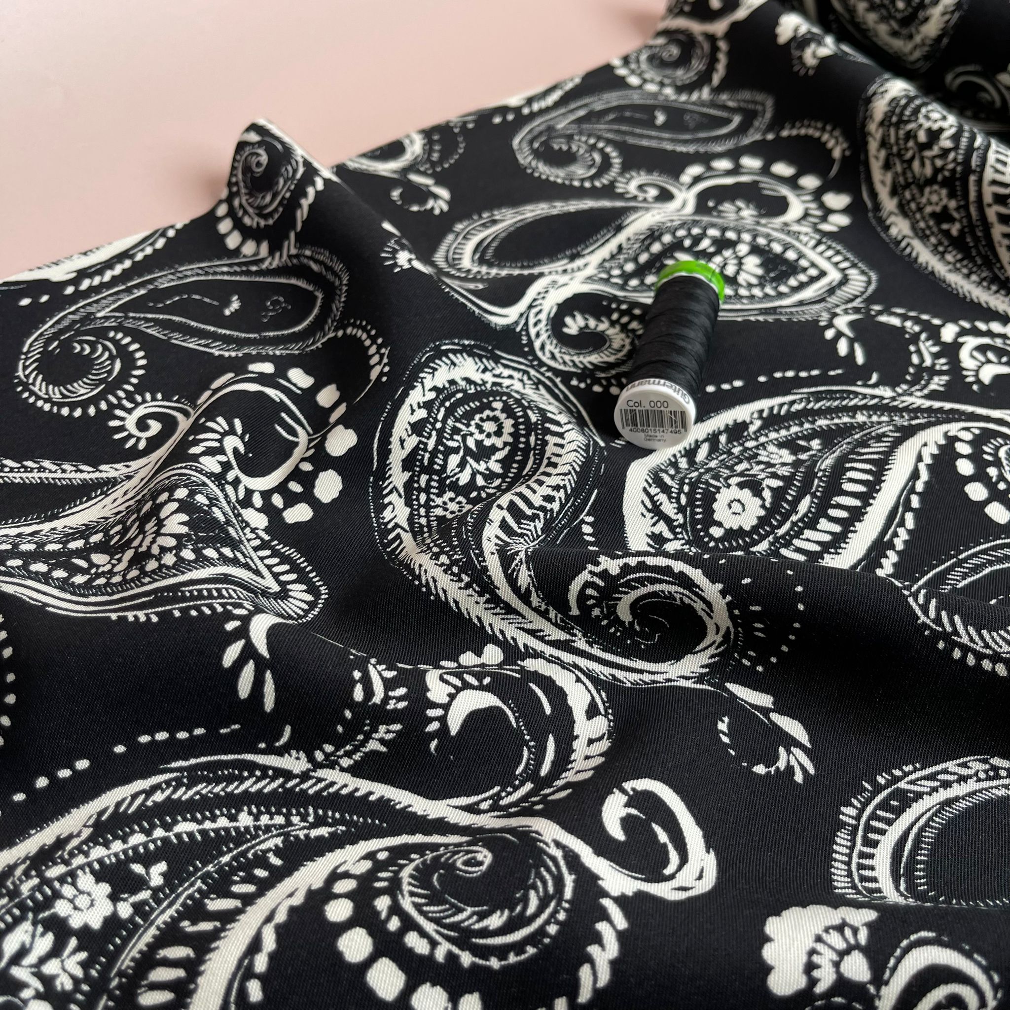 Off-Whtie Paisley on Black Viscose Twill Fabric