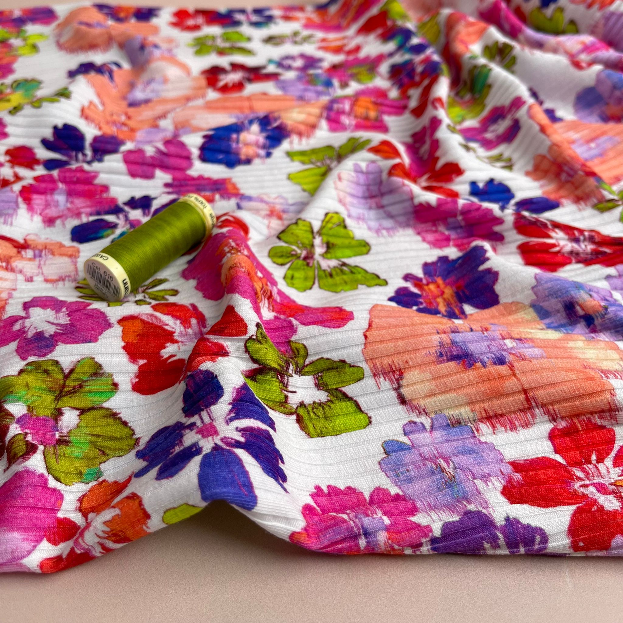 REMNANT 0.74 Metre - Spring Watercolour Flowers Cotton Ribbed Jersey