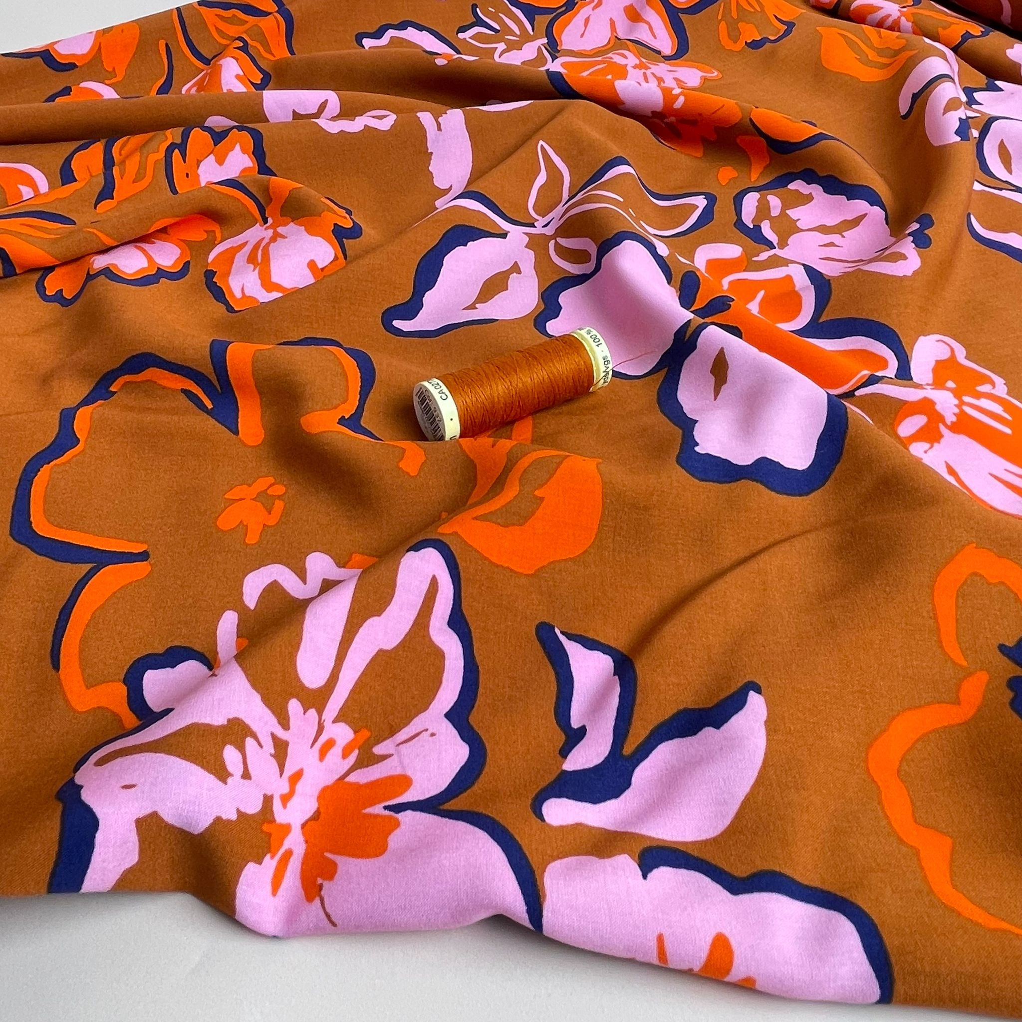 Painted Blooms on Rust LENZING™ ECOVERO™ Viscose Fabric