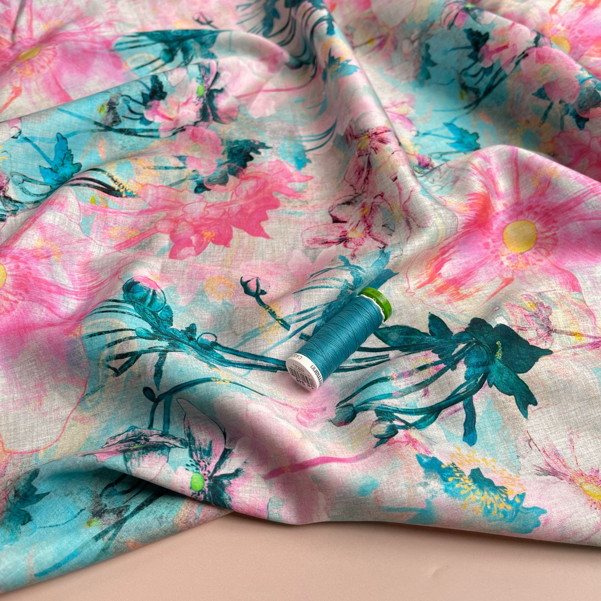 REMNANT 0.57 Metre - Nerida Hansen - Japanese Anemone Turquoise Cotton Sateen Fabric
