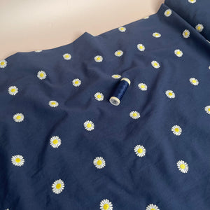 Embroidered Daisies on Navy Cotton Poplin