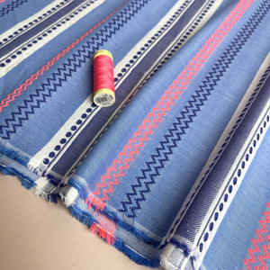 Yarn Dyed Embroidered Stripes on Blue Cotton Fabric