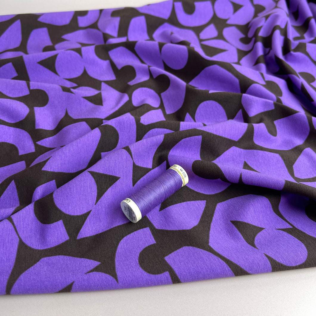 Purple Shapes on Brown Combed Cotton Jersey Fabric