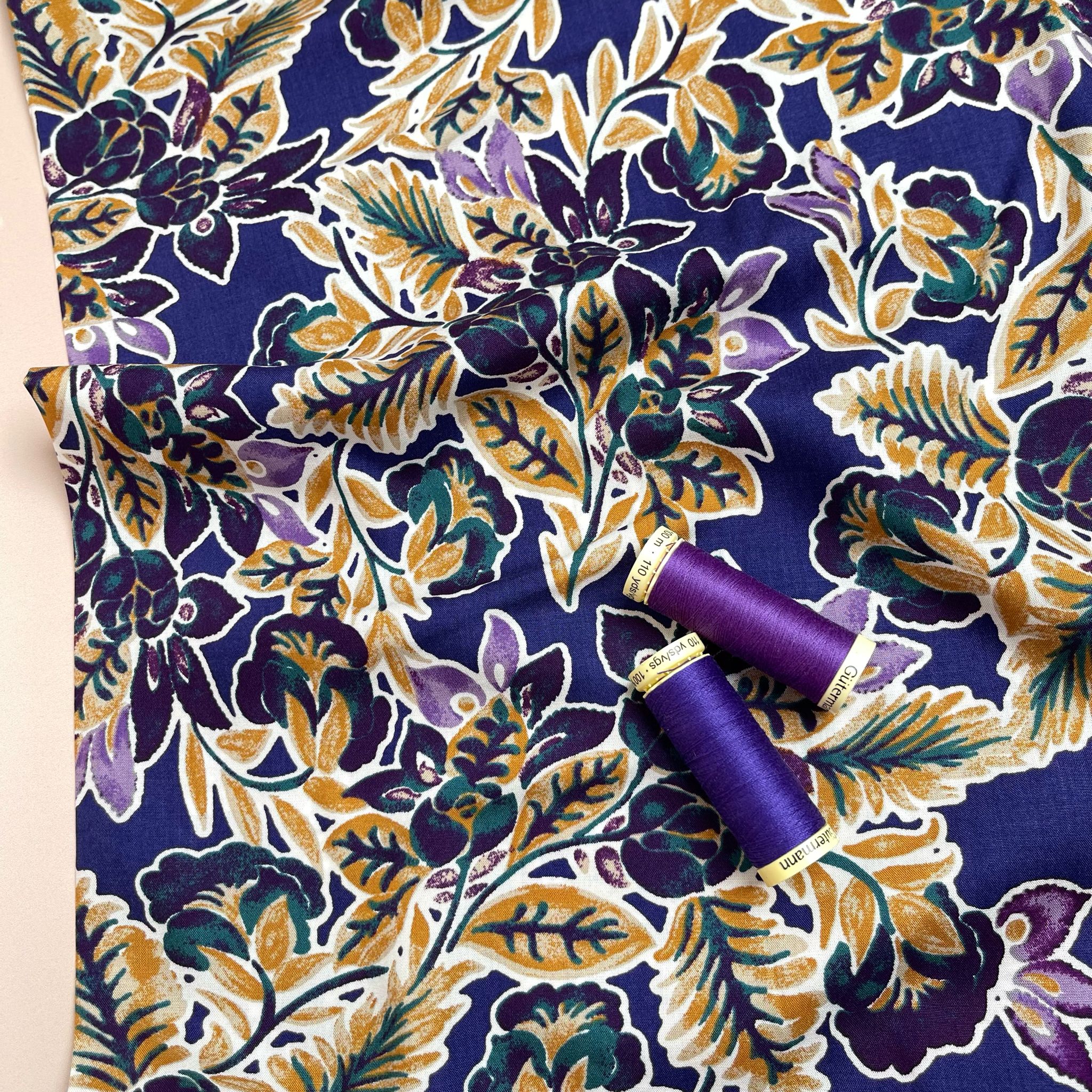 Golden Foliage on Purple Viscose Fabric