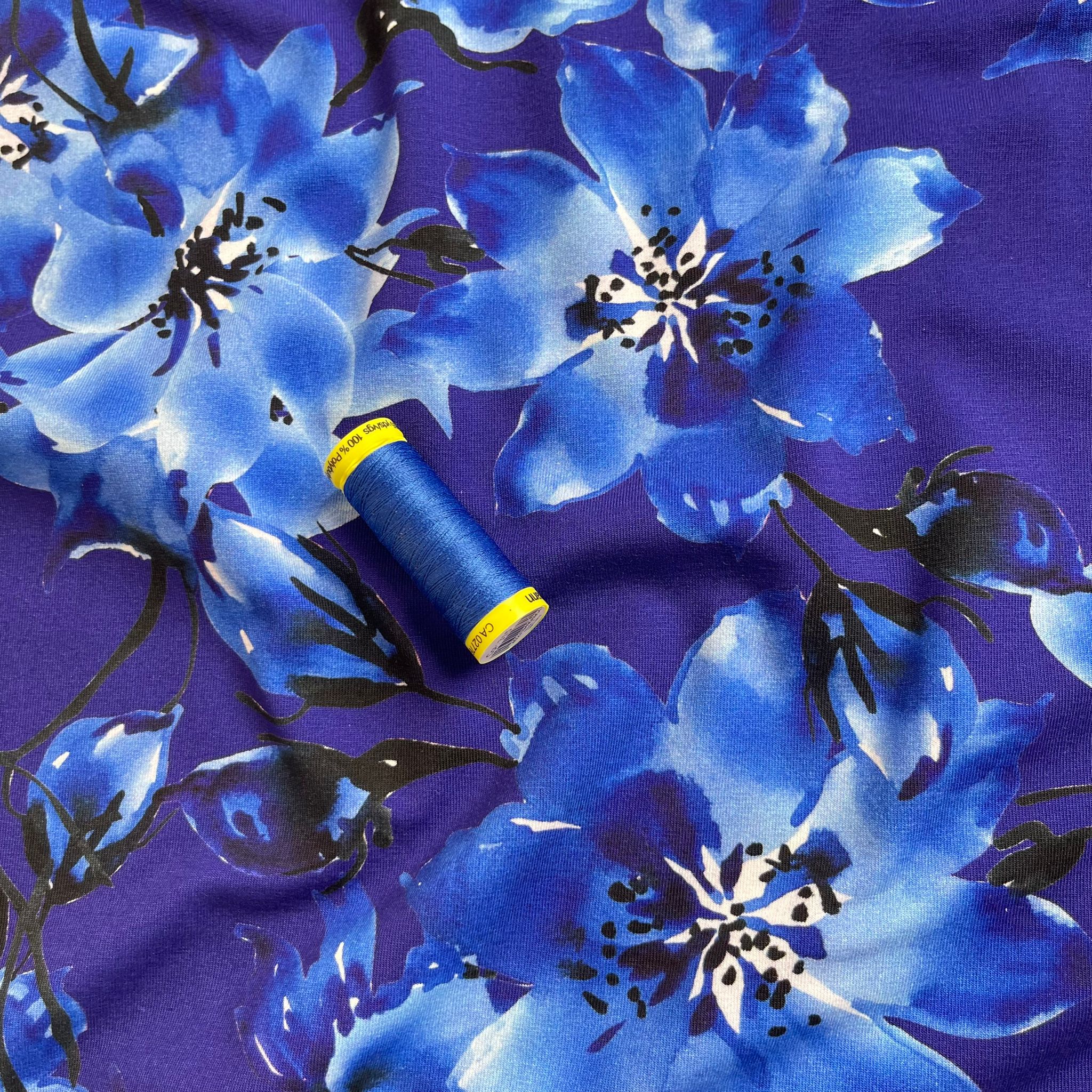 REMNANT 1.64 Metres - Danish Design - Watercolour Cobalt Blooms Cotton Jersey Fabric