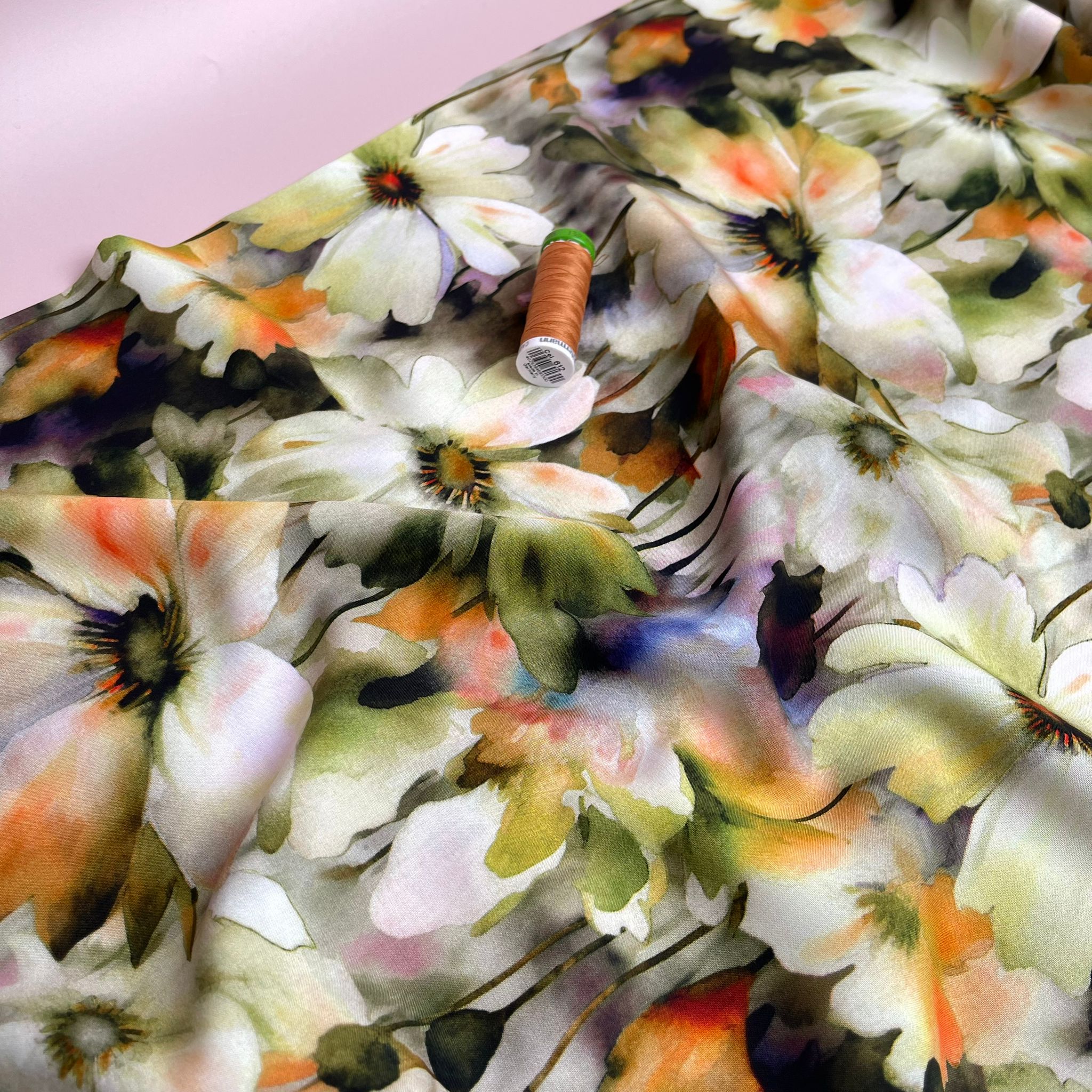 Forest Flowers in Green Viscose Poplin Fabric