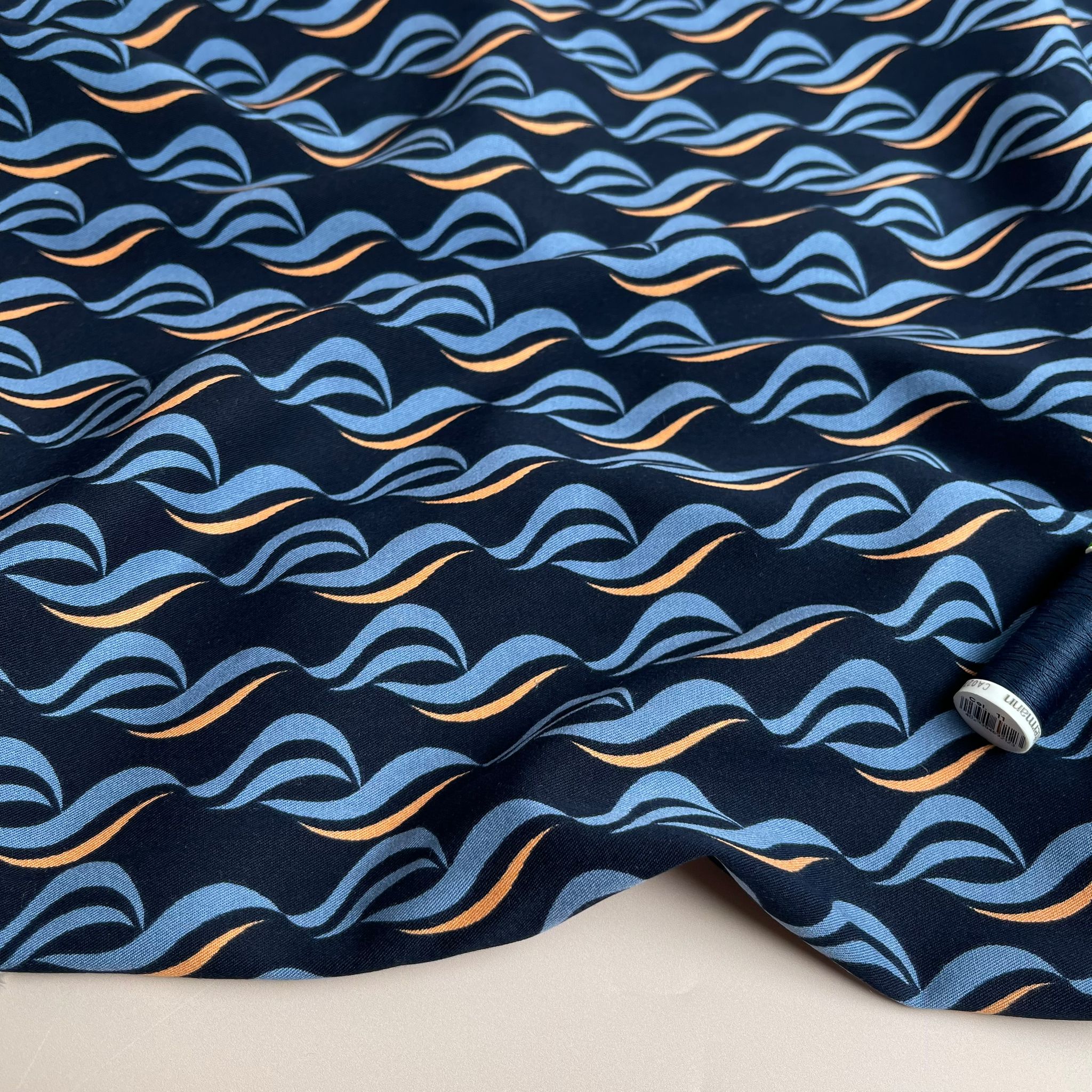 Rosella Waves on Navy Viscose Twill with Stretch