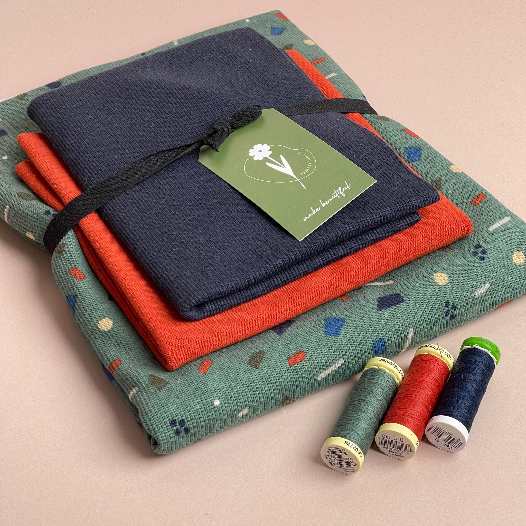 Colour Bundles - Shapes on Green Cotton Fine Ribbed Jersey and Ribbing