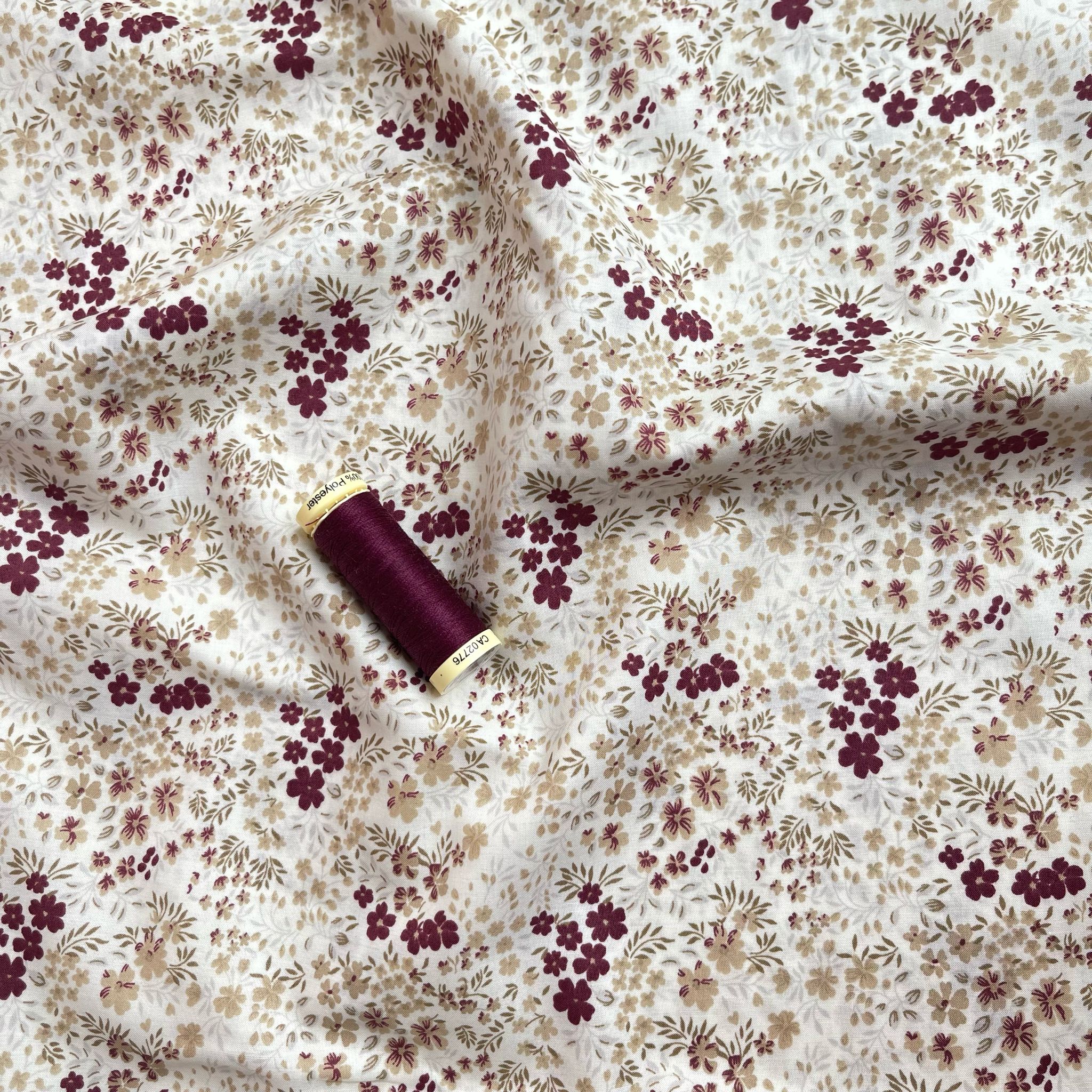 Ex-Designer Deadstock Ditsy Burgundy Flowers Cotton Lawn Fabric