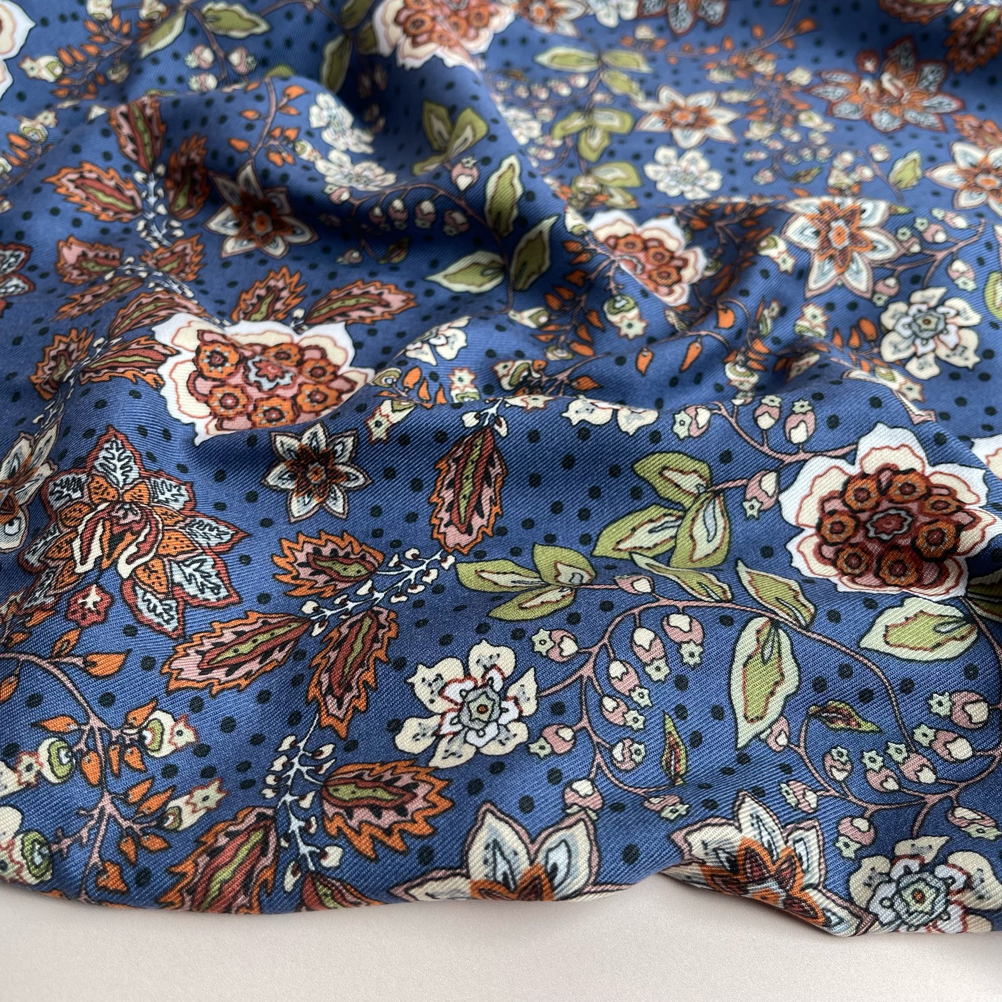 Autumn Paisley Flowers on Blue Viscose Twill Fabric